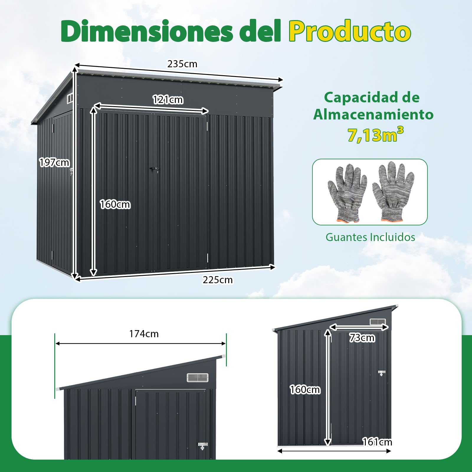 COSTWAY Caseta de Jardín Exterior 7,13 m³, 235 x 174 x 197 cm, Cobertizo de Jardín Exterior, 3 Puertas, Cerradura y Techo Inclinado, Acero Galvanizado, Garden Shed Grande para Bicicletas