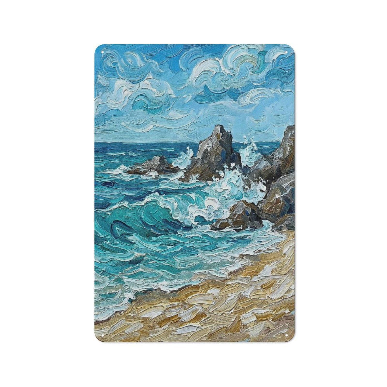 Junmoney Style-21 Metal Wall Sign 30X20cm Featuring Impasto Seascape With Rocks And Waves For Bar Or Restaurant, Gift For Bar Decor Enthusiasts During The Christmas Season