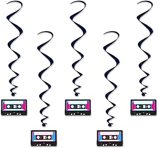 Beistle 5 Piece 80's Theme Cassette Tape Hanging Swirl Decorations Retro 1980's Party Décor Whirls, 39", Black/White/Pink/Turquoise