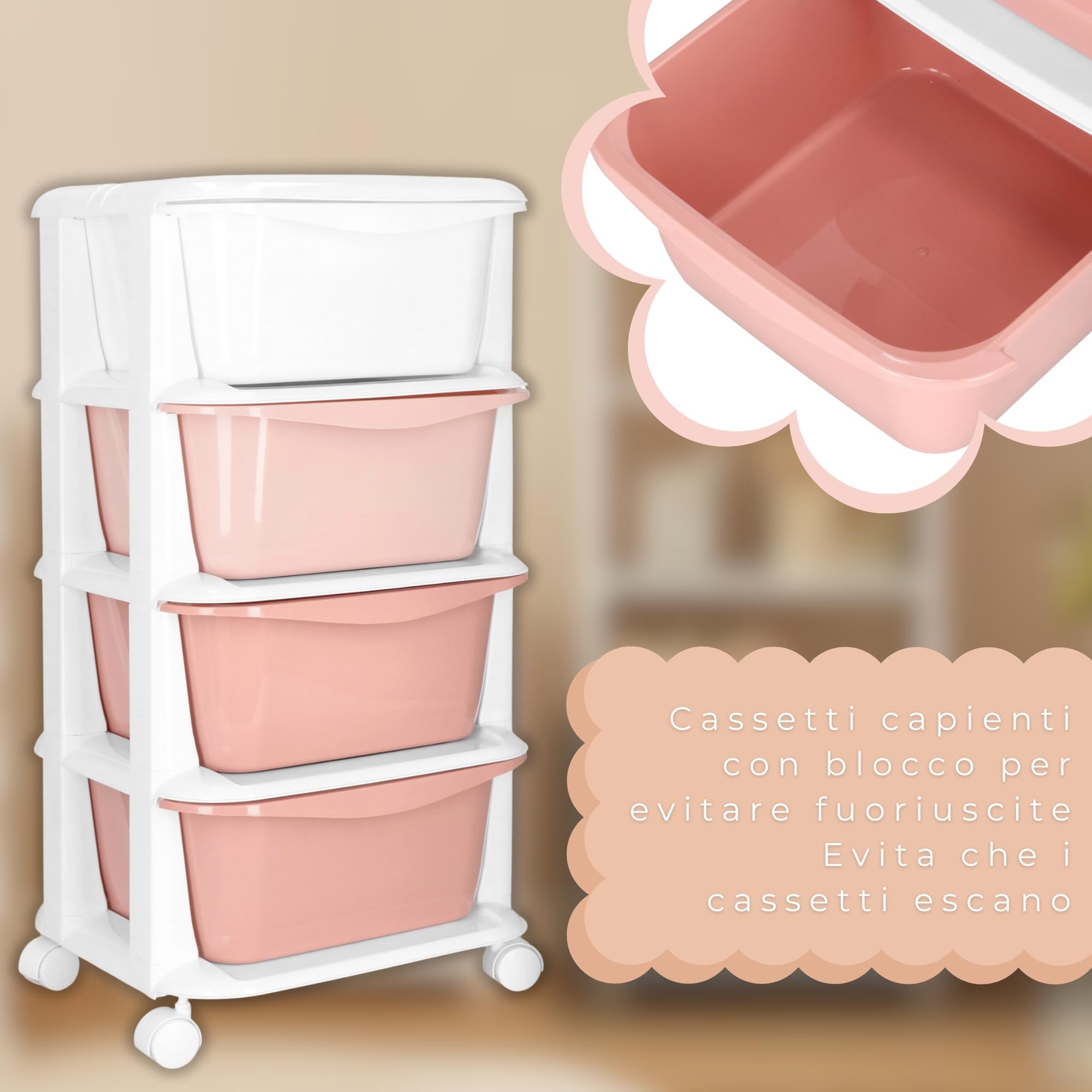 SPRINGOS Scaffale in plastica con 4 cassetti su ruote per giocattoli e accessori, organizzatore mobile per camera dei bambini e bagno