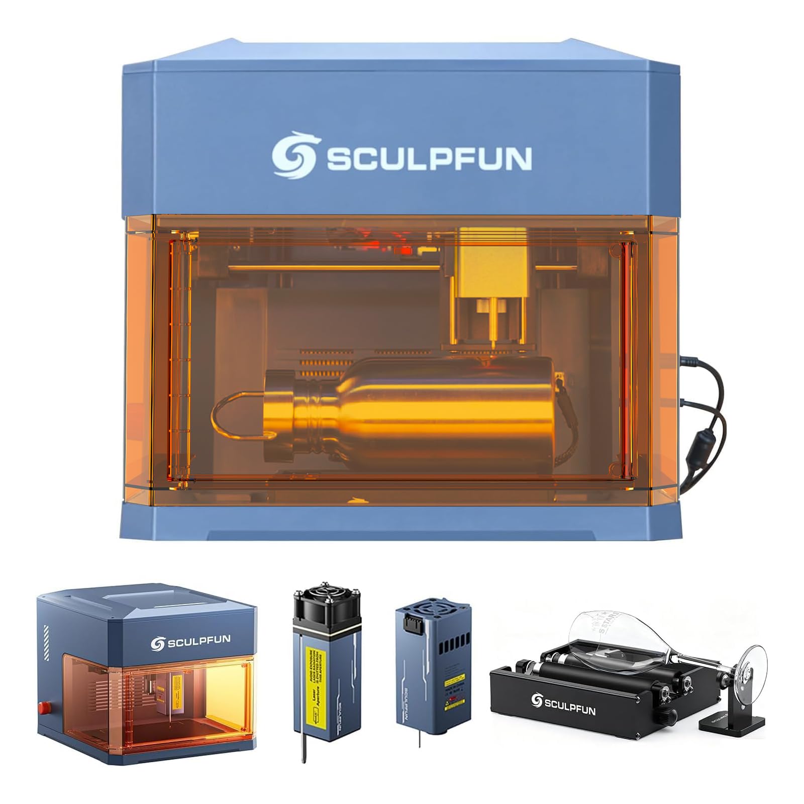 SCULPFUN iCube Ultra Doppelmodule Lasergravierer mit RA Mini Rotationswalze, 12W Diodenlaser + 1,2W Infrarotlaser, Gehäuse Laser Gravurmaschine mit Rauchfilter, Tragbare Laser Cutter Lasergravur