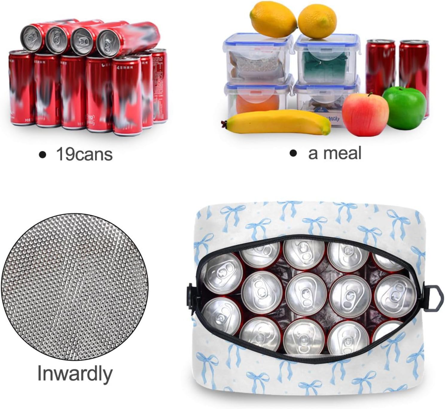 Blue Bow Lunch Bag Insulated, Reusable Cooler Tote Bag with Removable Shoulder Strap, Lunch Box for Office Travel Outdoor Picnic - Image 4