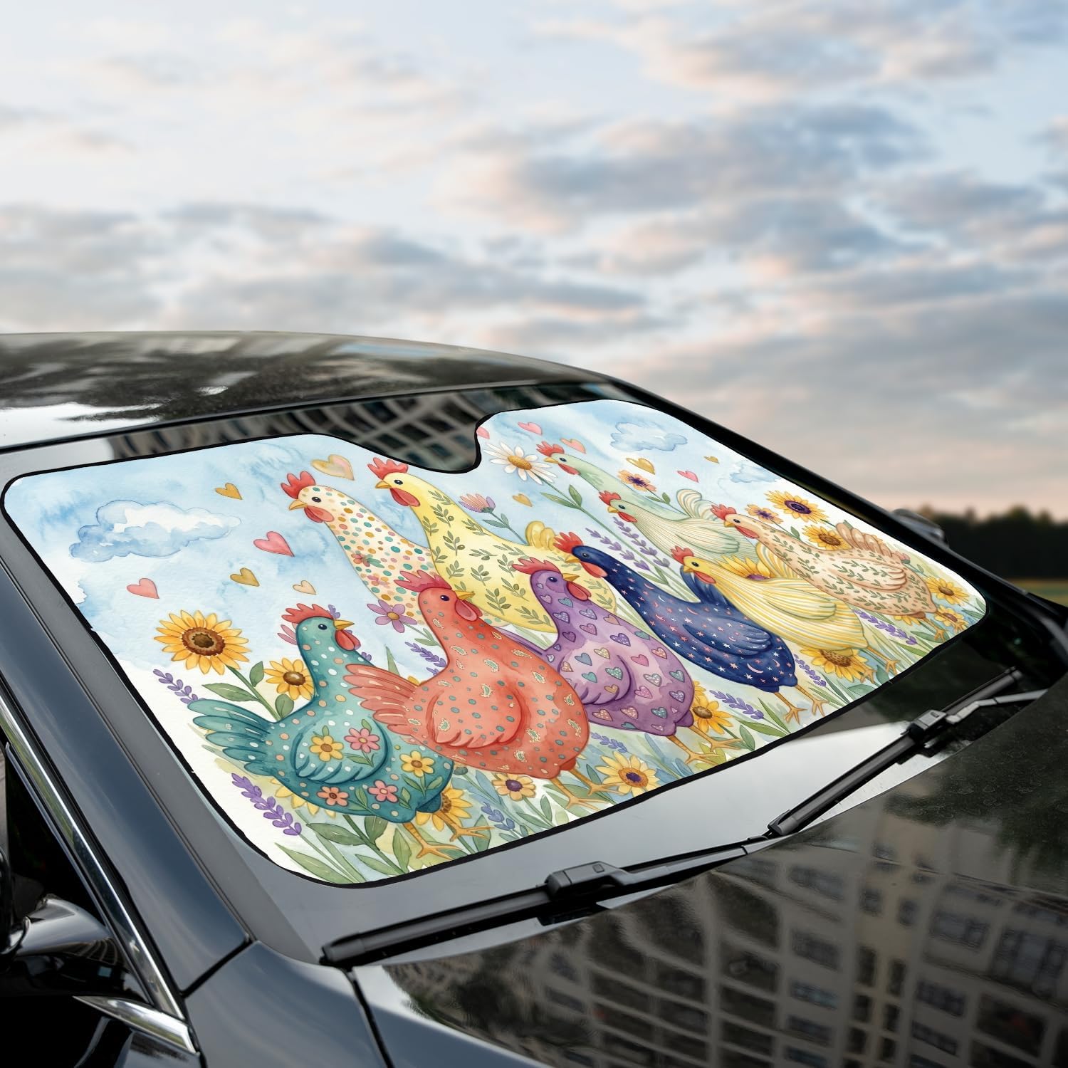 ThangPham Shop Cute Chicken Car Sun Shade, Farmhouse Animal Windshield Cover