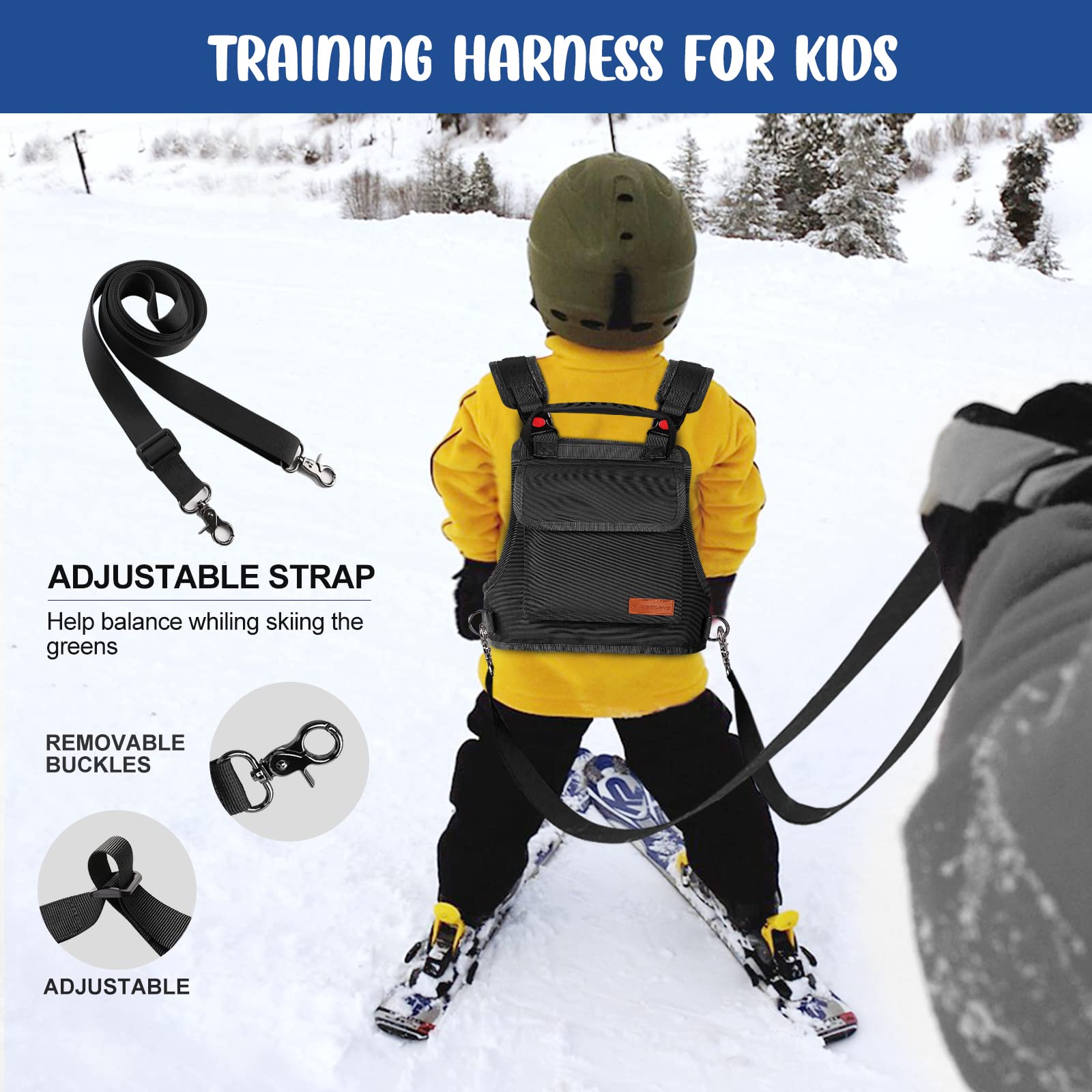 Odoland Arnés de Entrenamiento de Esquí y Snowboard para Niños, con Mochila, Cinturón de Seguridad Ajustable y Asa de Elevación Fácil, Niños Principiantes, Negro