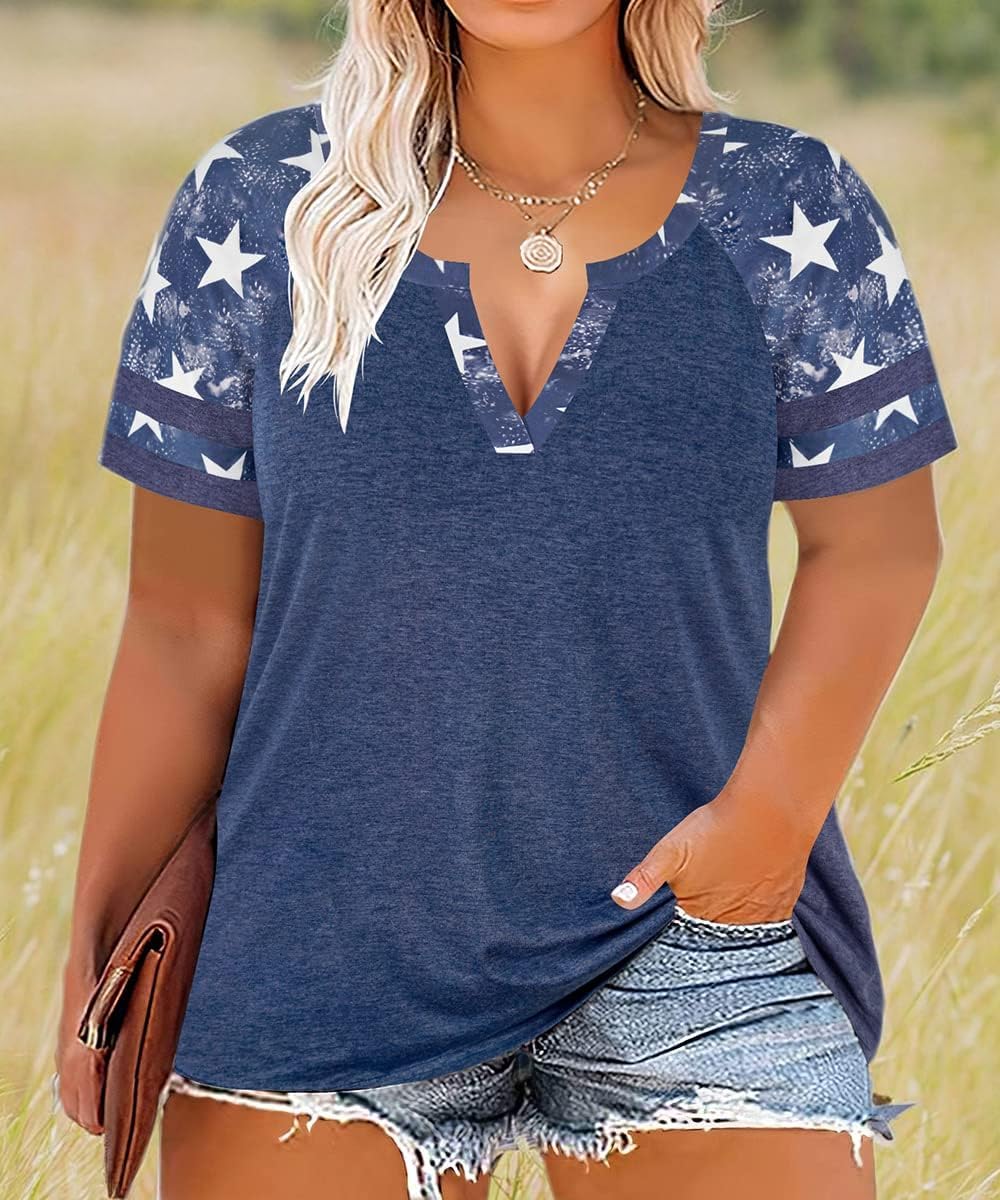 CARCOS Plus Size Tops for Women Short Sleeve Summer Pullover Color Block Crewneck/V Neck Tee Tunic Loose Fit Tshirts XL-5XL - Image 4