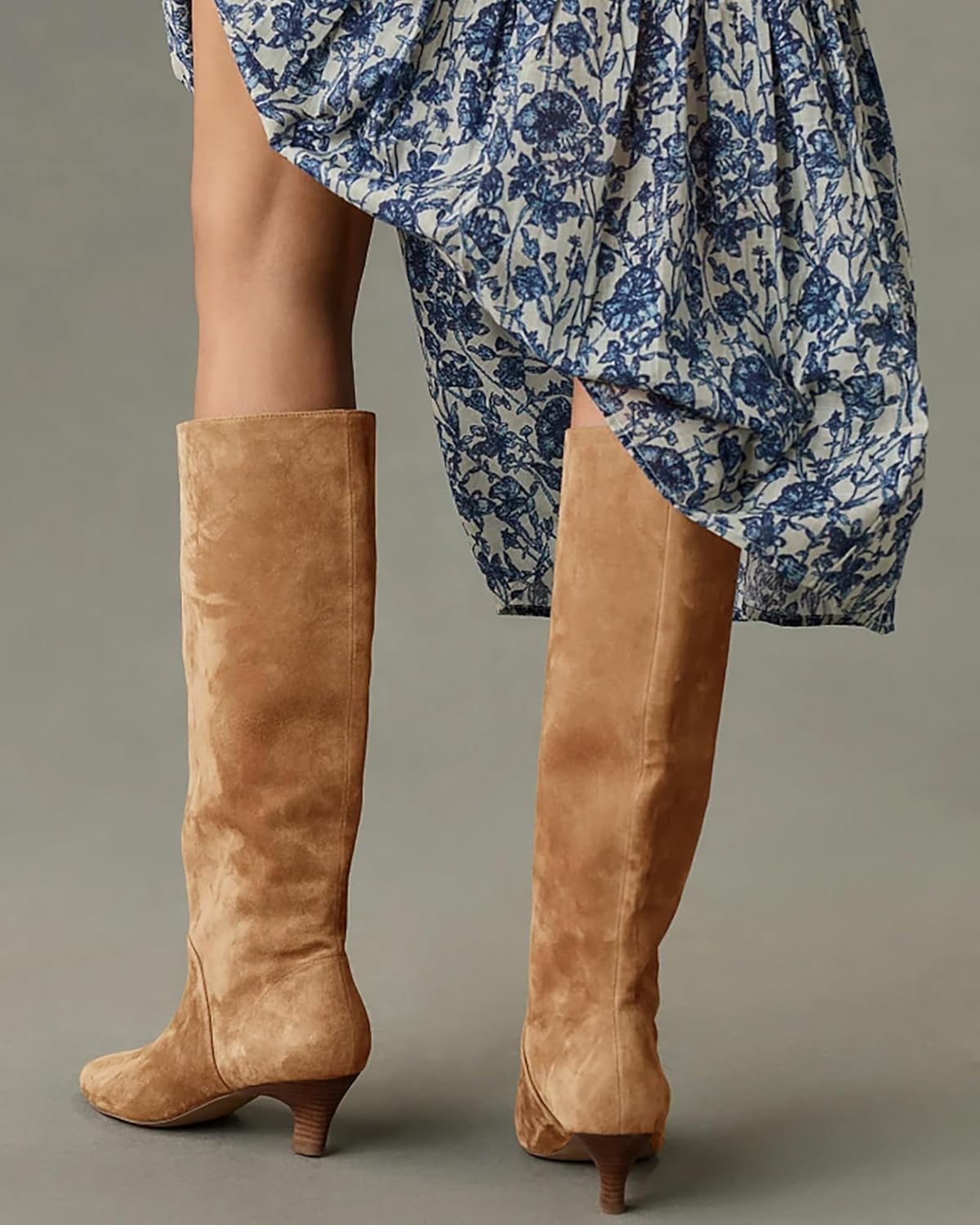 Coutgo Womens Knee High Boots Wide Calf Kitten Heel Pointed Toe Long Boots Pull On Winter Dress Shoes, Light brown, size 9 - Image 4