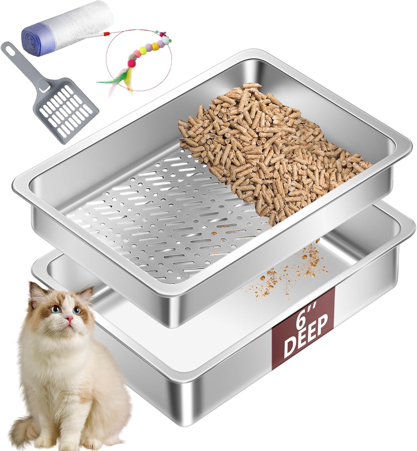Stainless Steel Sifting Small Cat Litter Box for Pine Pellets, Metal Kitten Litter Box Sifter Pan with Litter Scoop, Low Dust, Odor Control, Easy Cleaning, 15.7" L x 11.8" W x 6" H