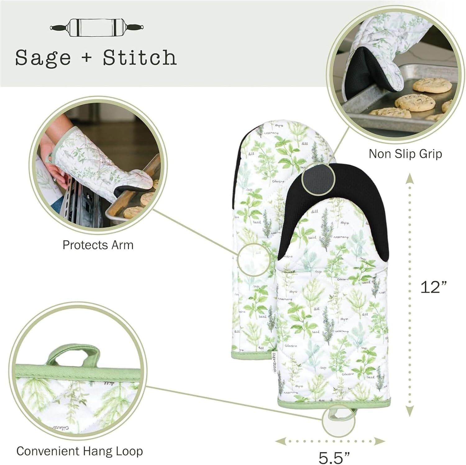 Heat Oven Mitts Set of 2 with Non-Slip Grips and Hanging Loops, Green Herbs Design
