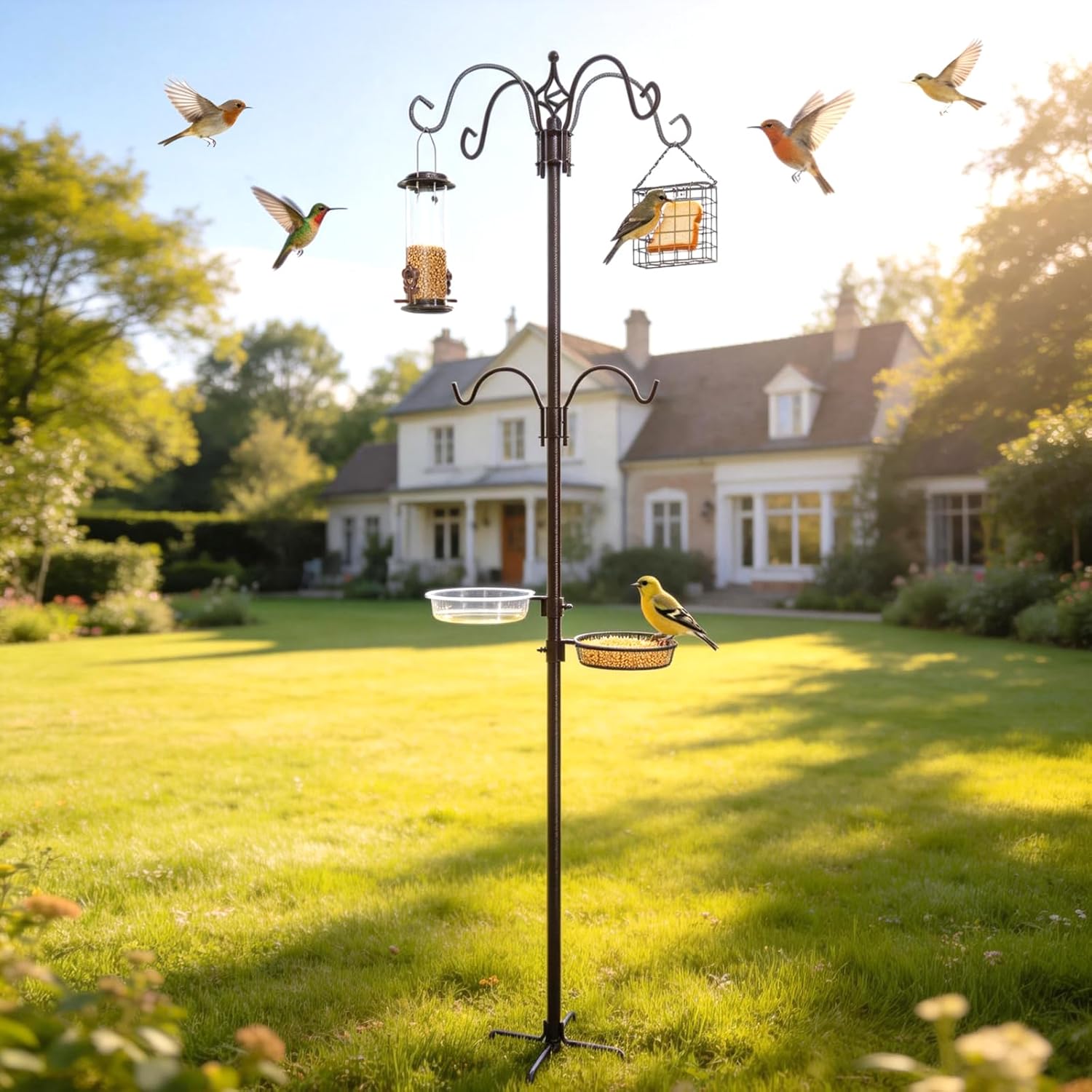 83" Bird Feeding Station Kit with Multiple Hooks, Heavy Duty Metal Bird Feeding Station with Seed Tray & Mesh Basket, Easy Assembly Ground Mounted Bird Feeder Pole for Garden Yard Outdoor