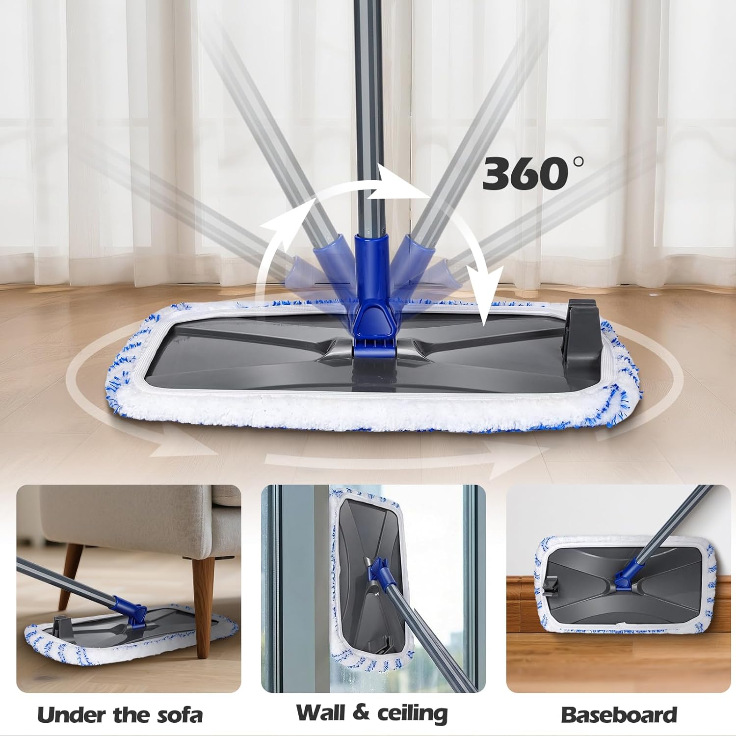 MASTERTOP Microfibre Flat Mop, Extended Wet Dry Large Floor Mop with 5 Reusable Pads & Telescopic Handle, Dust Mops for Laminate Wooden Hard Floor Vinyl Tile Floors Cleaning - Send 1 Cleaning Scraper