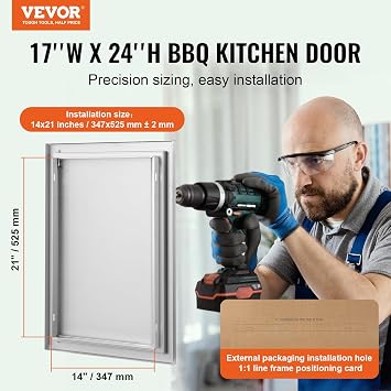 VEVOR Grill Access Door 432 x 610 mm Single Exterior Kitchen Door Flush Mounted Stainless Steel Door Vertical Wall Door with Retractable Handle Grill Island Grill Station Outdoor Cabinet