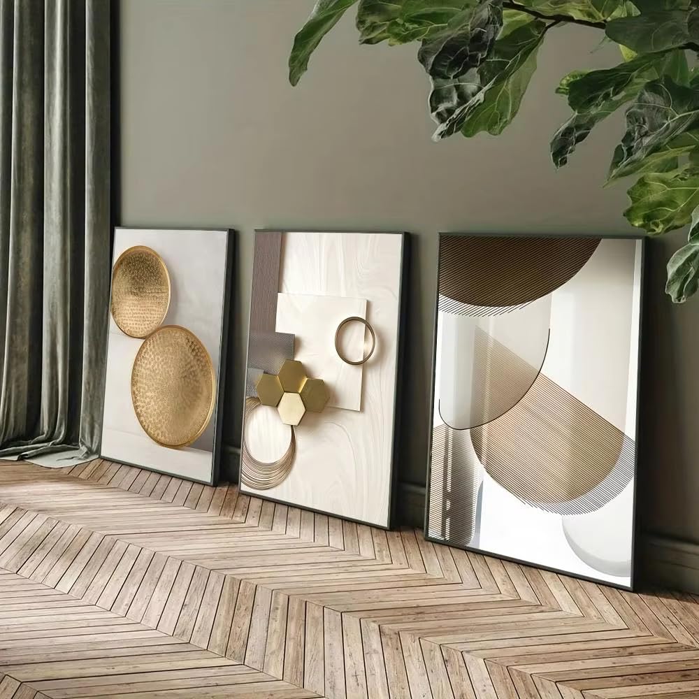 awtrhfc Frameless Abstract Beige And Gold Geometric Poster For Living Room Bedroom Bar Home Decor Mural Painting(30x40cm(12x16in) x3/No frame)