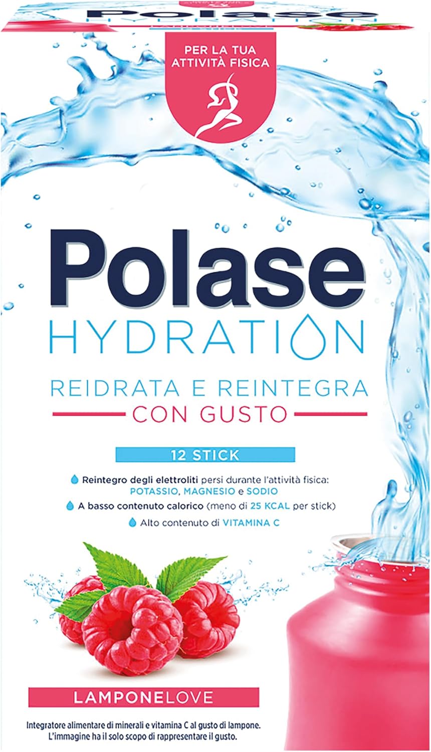 Polase Hydration, Integratore Alimentare Sali Minerali con Magnesio e Potassio e Vitamina C, Per la Tua Attività Fisica, Reidrata e Reintegra, Senza Glutine, Gusto Lampone, 12 sticks​