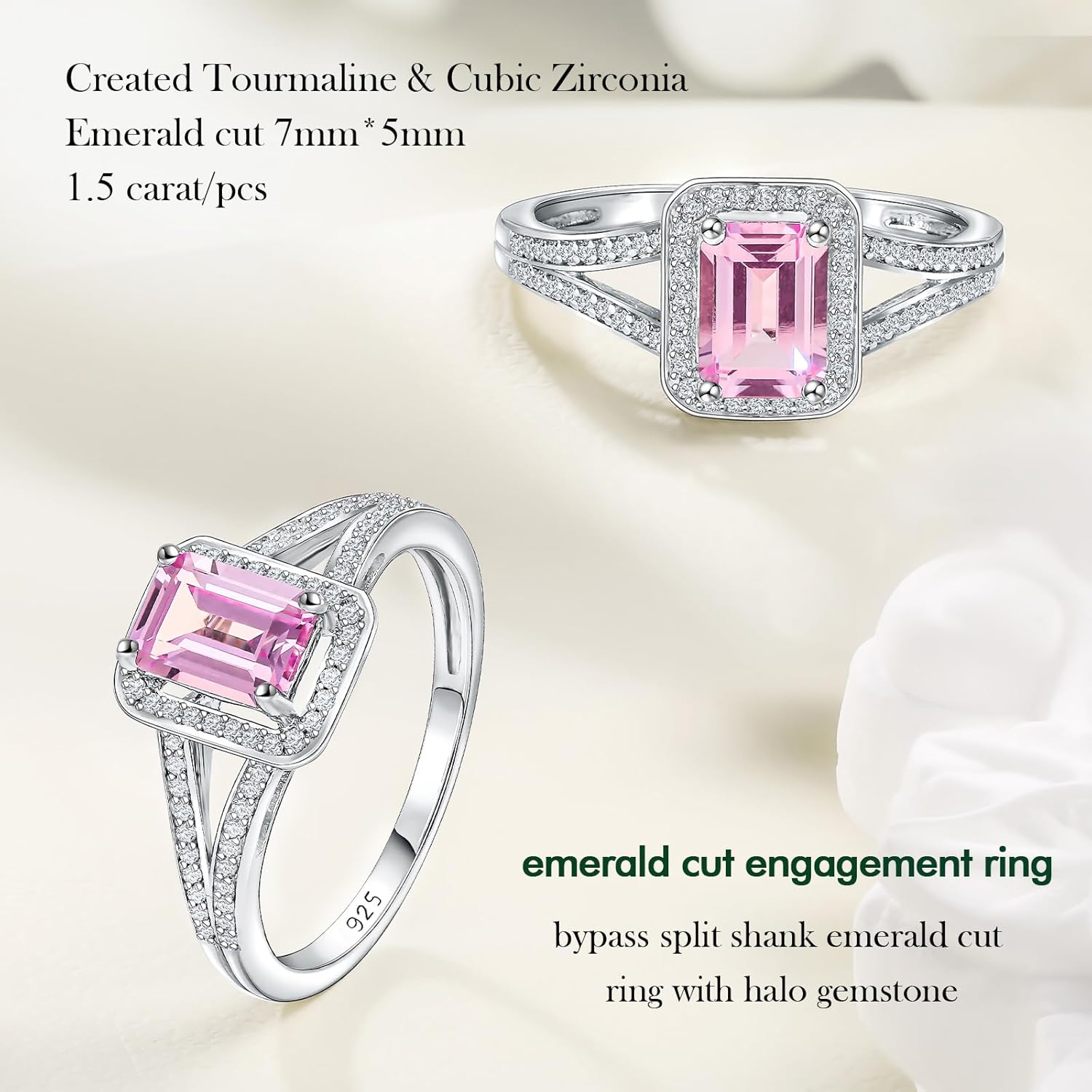 925 Sterling Silver Emerald Cut Engagement Ring Created Gemstome Cubic Zirconia Wedding Promise Ring Split Shank Halo Birthstone Rings for Women Size 6-10 - Image 5