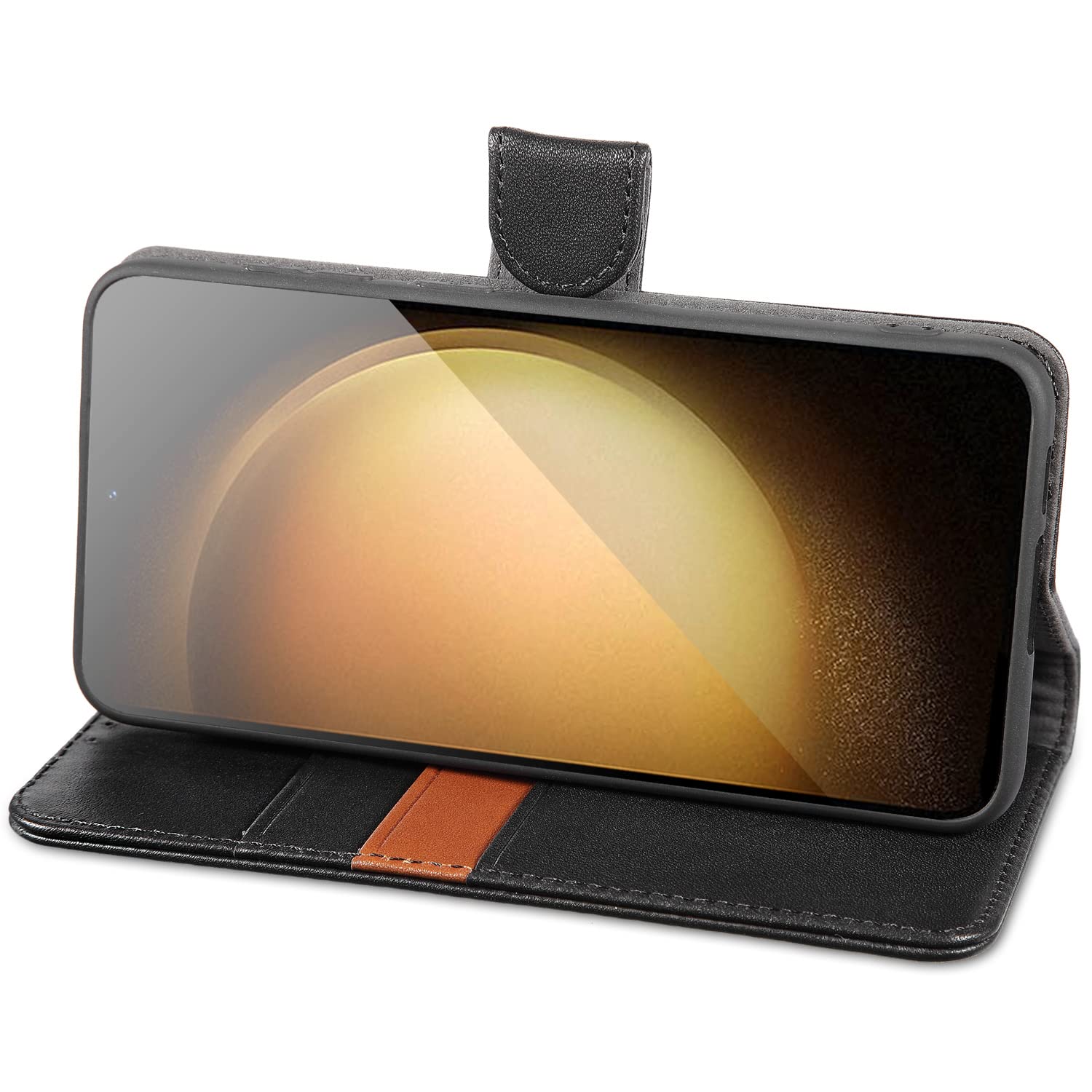 Lensun Cover per Samsung Galaxy S23 Plus 5G, Custodia in Vera Pelle [Supporto Stand] Libro con Portafoglio Chiusura Magnetico Flip Custodie Cuoio – Nero