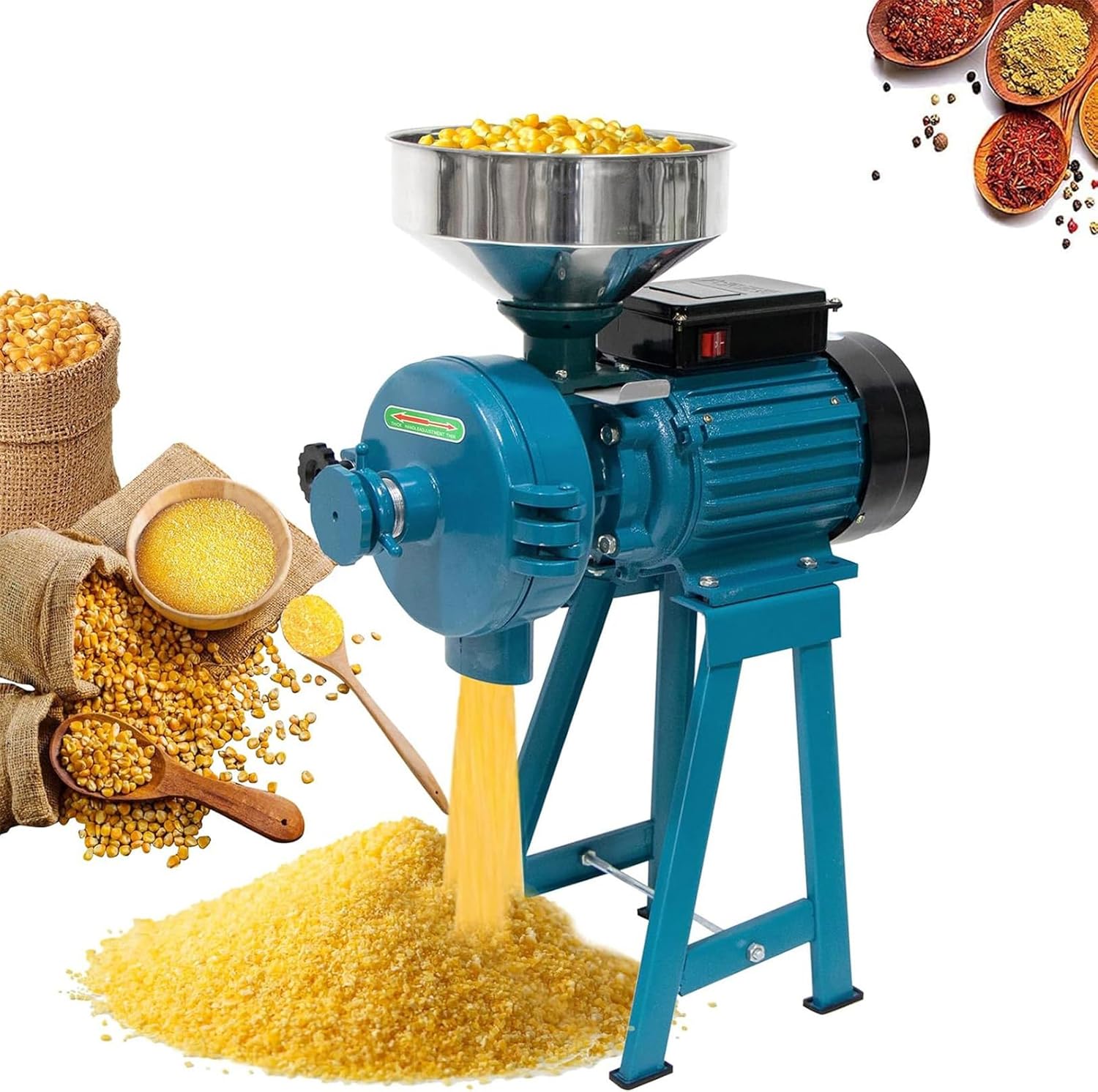 2200W Heavy Duty Electric Grain Mill Grinder - Multifunctional Large Capacity for Rice, Corn, Beans, Coffee, Wheat - Overload Protection & Easy-Fill Funnel