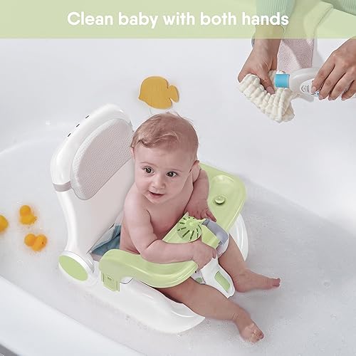 Miniatura 4 de Obee Odee Asiento de baño para bebé con 2 modos, ajuste de 3 velocidades, potentes ventosas, silla de bañera infantil con almohada lavable, plegable