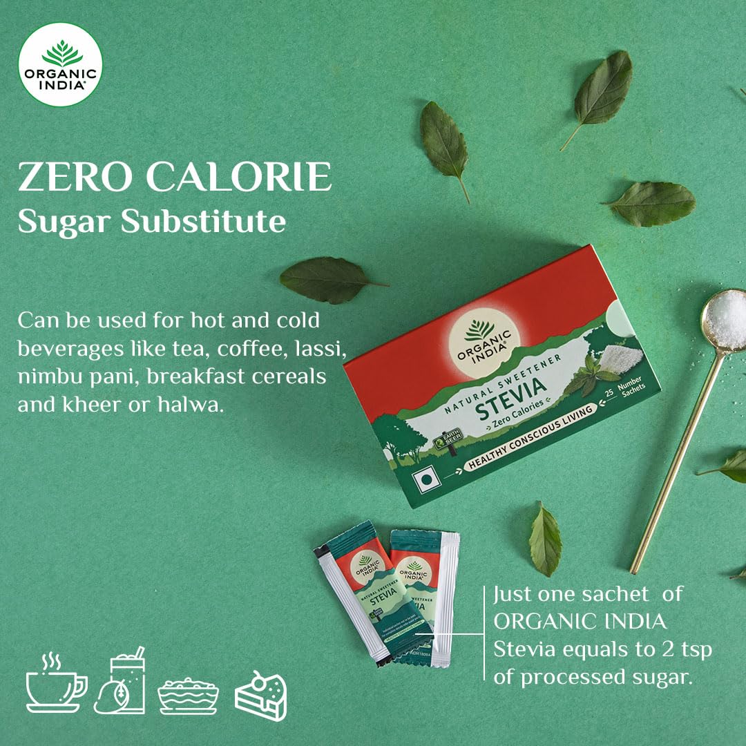Diwali Sale A Tata Product – Organic India Stevia Powder – 25 Sachets | Plant-Based Natural Sweetener | Zero Calories | Sugar-Free | Low Glycemic Index