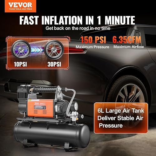 Miniatura 2 de VEVOR Inflador de neumáticos 6CFM, compresor de aire portátil, compresor de aire de 12 V, resistente 150 PSI, inflador de neumáticos con medidor de