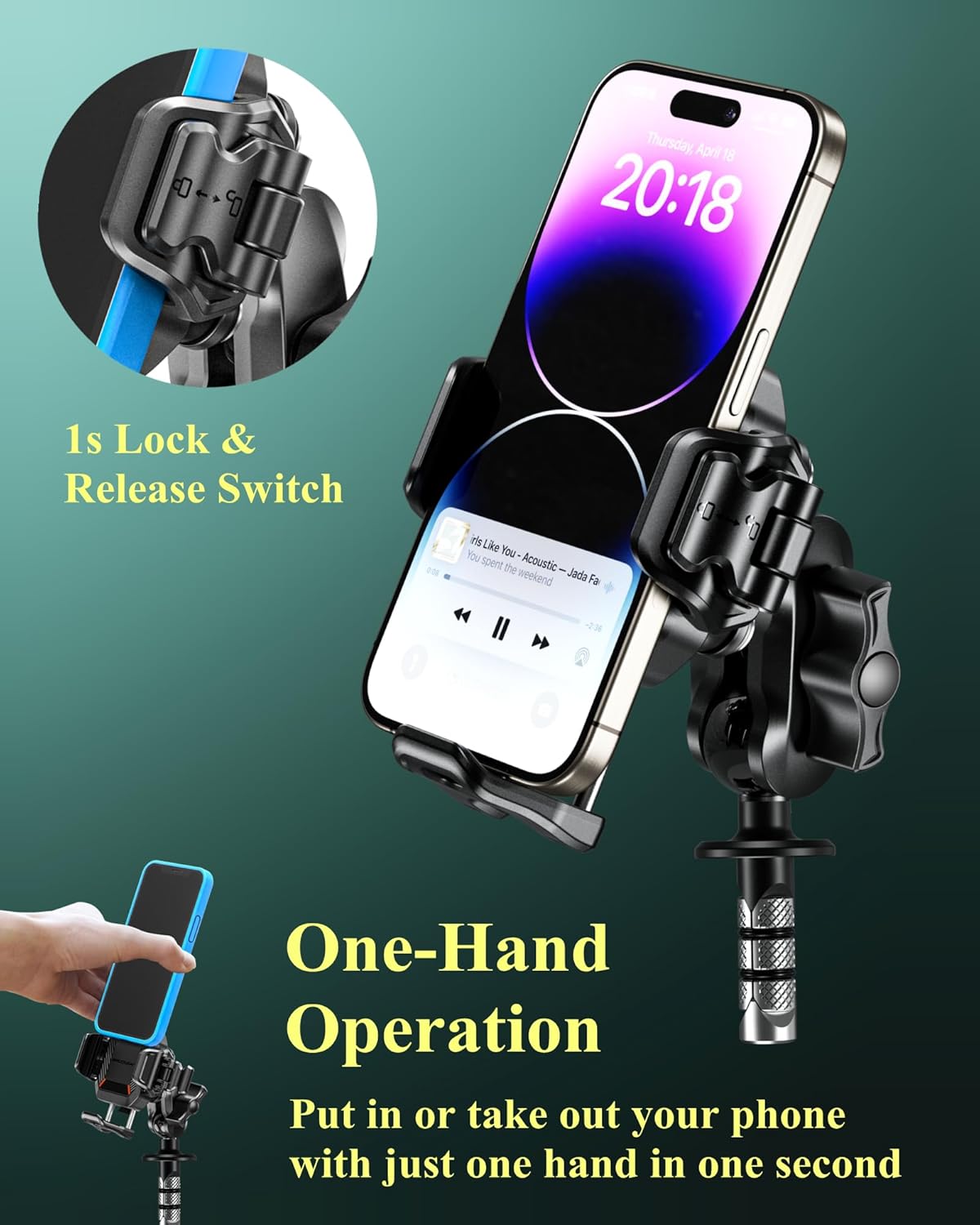 BRCOVAN Anti-Theft Motorcycle Fork Stem Phone Mount Holder with Vibration Dampener [1s Lock] [Camera Friendly] Adjustable Size Mobile Phone Cradle Fit 5.4-7.2" Cellphones