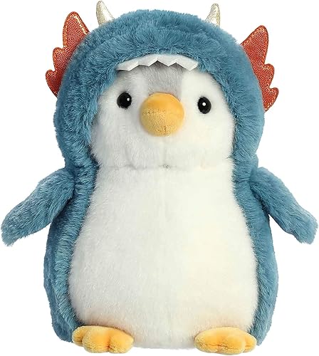 Aurora® Juguetón Pompom Penguin™ - Animal de peluche de dragón - Compañeros vibrantes - Diversión sin fin - Azul 7 pulgadas