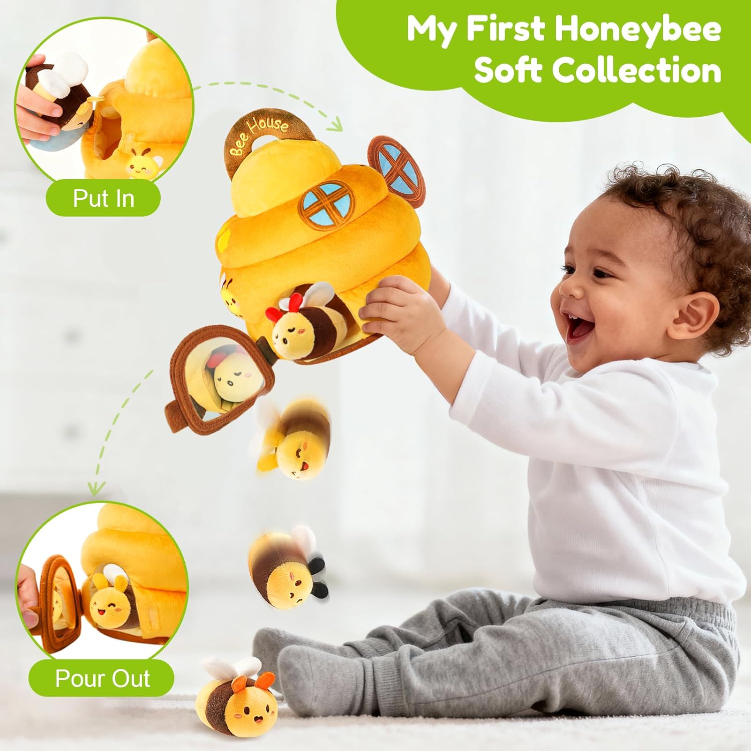 Baby Toys 6-12 Months - Soft Beehive Infant Toy with 5 Sensory Bees, Rattle, Crinkle, Squeaker, Mirror & Music, Montessori Toys for Babies 3 6 9 12 18 Months, Baby Boys Girls Christmas Birthday Gifts - Image 4