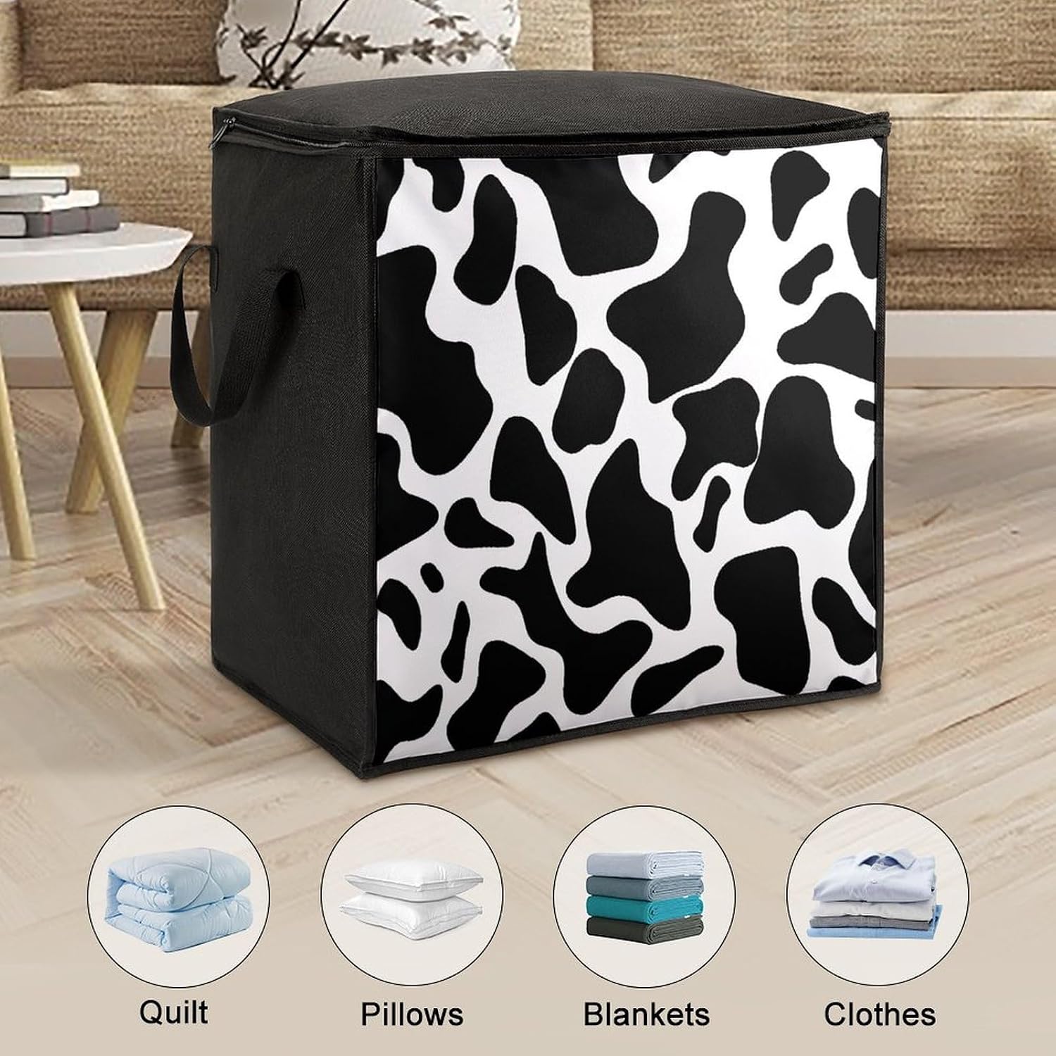 Cow Spot Storage Bag with Zippers And Handle Extra Large Bedding Comforter Storage Bag Foldable Blanket Storage Bags Fabric Moving Bags for Closet Organizer (70L)