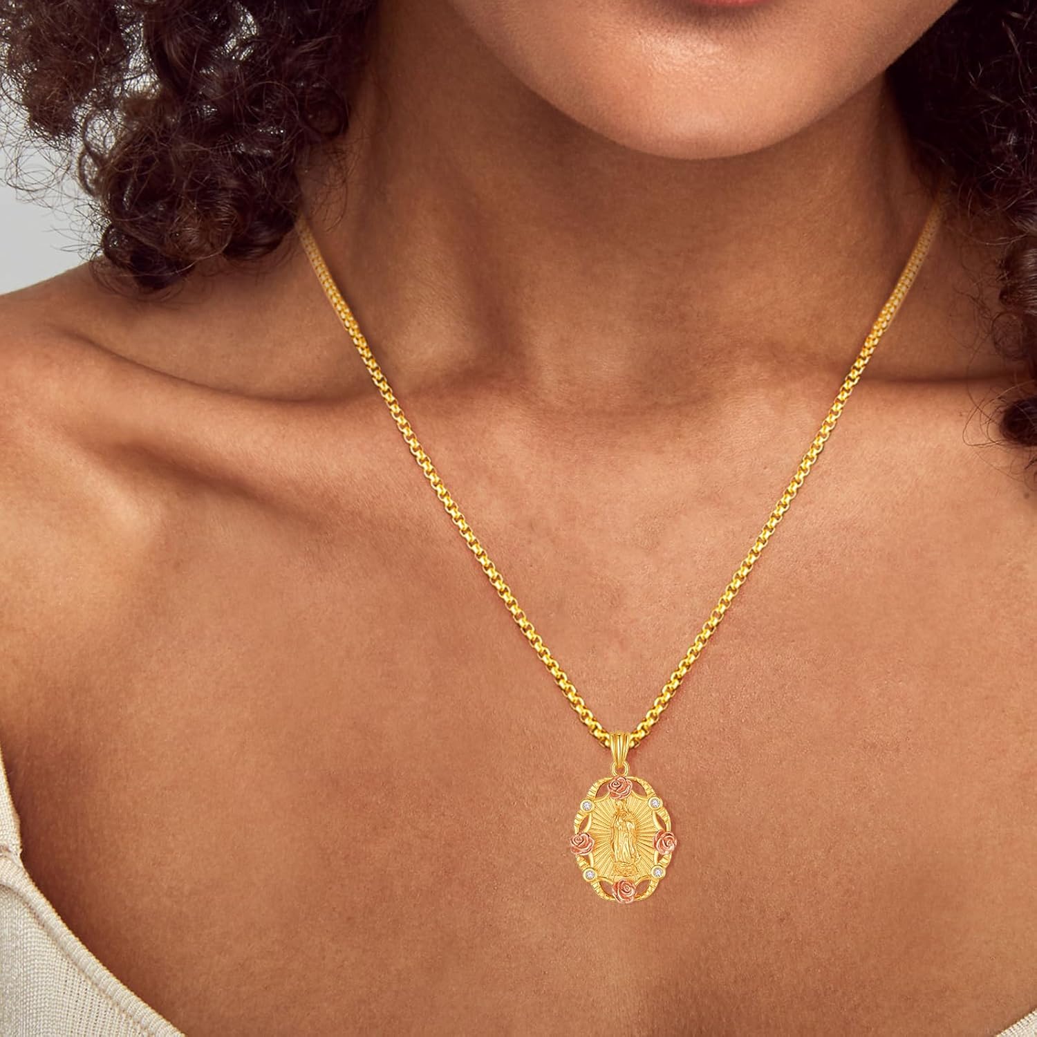 AENEAS Virgin Mary Necklace for Women Gold Plated Sterling Silver Our Lady of Guadalupe Pendant Rose Flower Miraculous Medal Jewelry Gift for Mom Wife - Image 3