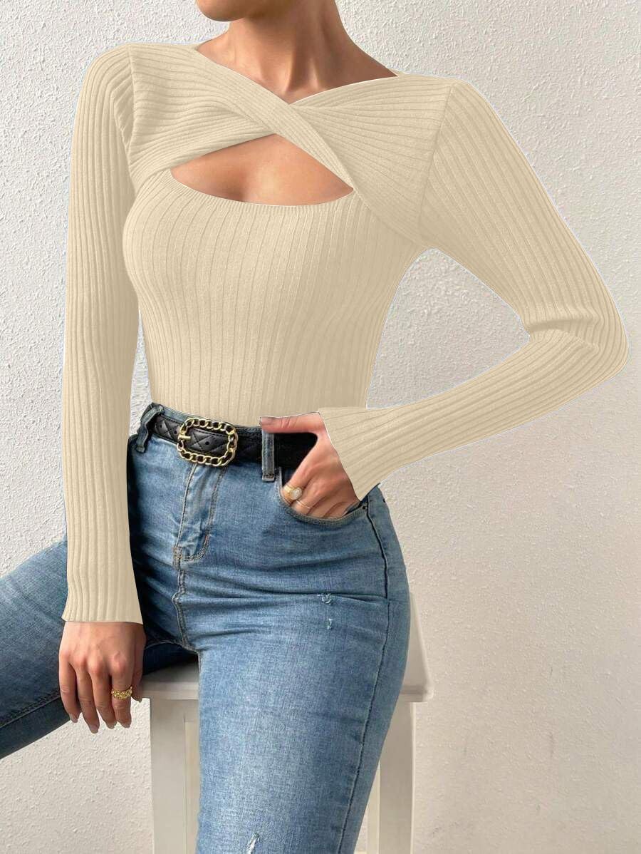 Ribbed Sweaters for Women Cut Out Tops for Women Long Sleeve Fitted Pullover for Women Trendy Sweaters Twist Front - Image 4