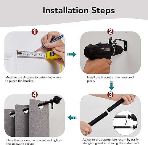Miniatura 6 de Deconovo Barras de cortina negras para ventanas de 48 a 84 pulgadas, juego de cortinero decorativo ajustable estándar para una sola ventana, tubo de