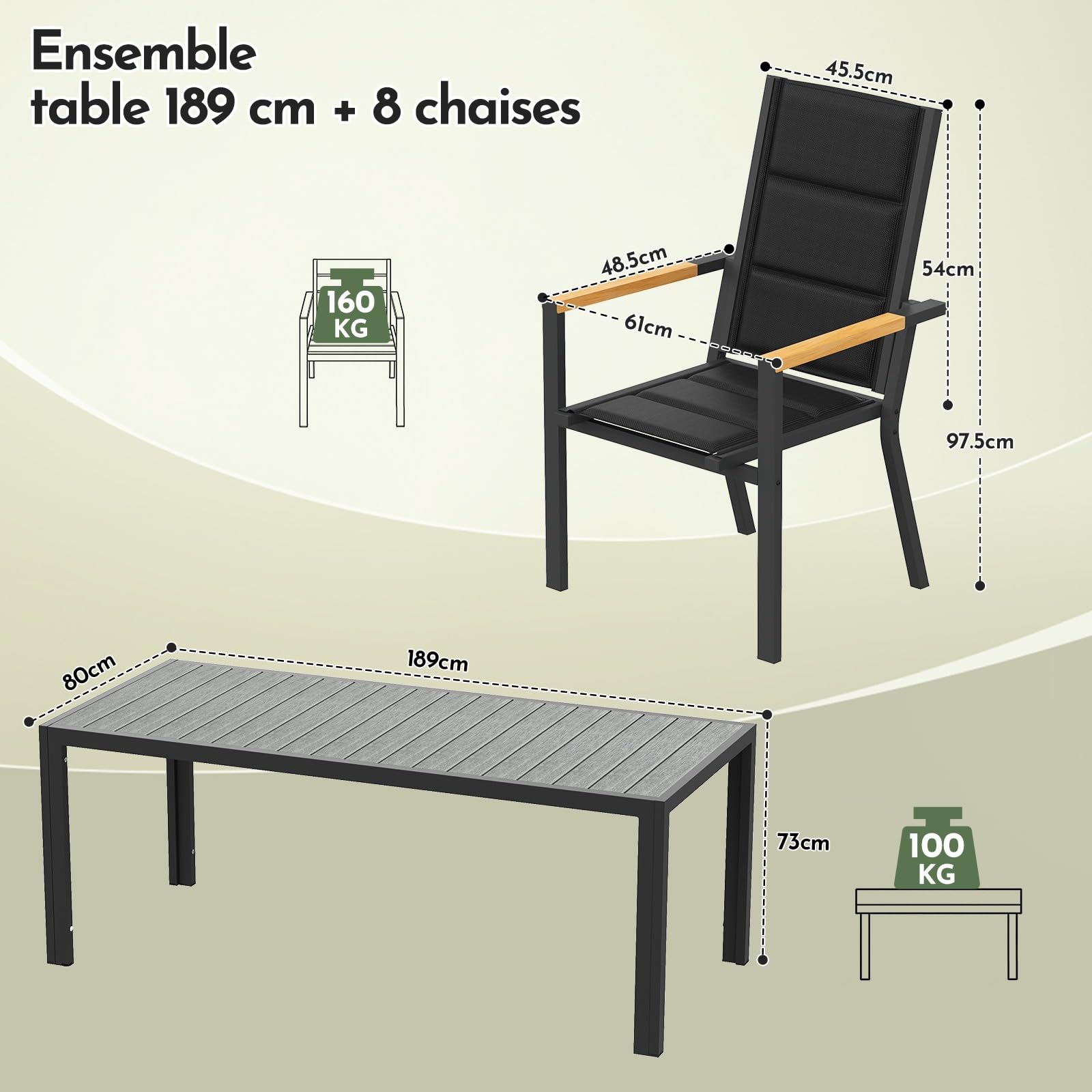 Devoko Salon de Jardin Exterieur 8 Personnes, HDPS Table de 189 cm et 8 Chaises Empilable d'Extérieur en Aluminium Durable, Design à Veine de Bois, Idéal pour Cour, Terrasse ou Bord de Piscine, Gris