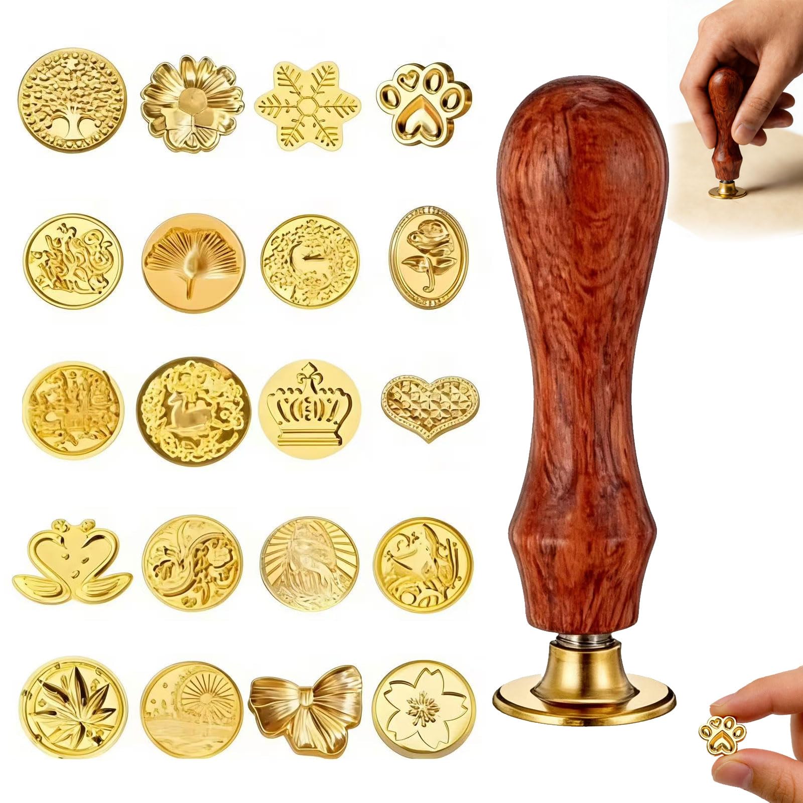 Sello de lacre Vintage con 20 diseños, Incluye Mango de Madera y Cabezales Intercambiables, Ideal para Invitaciones, Cartas y Regalos – Set Completo de lacrado Elegante