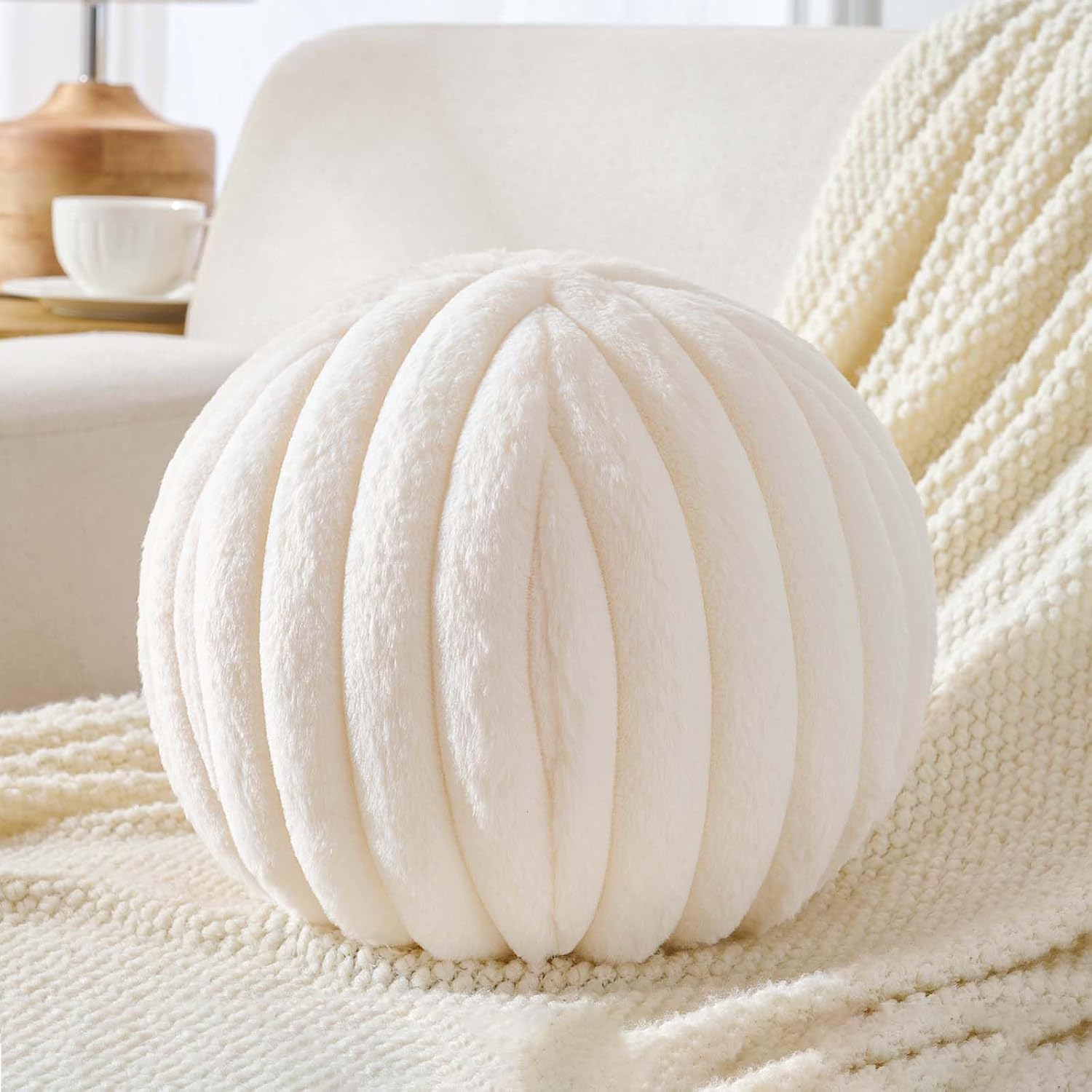 Uvvyui Ball Pillow Round Striped Decorative Throw Cushion Ivory 11.8" | Round Throw Pillows Faux Rabbit Fur Striped Fluffy Spherical Cushion Sphere Shaped Pillow for Aesthetic Room Decor