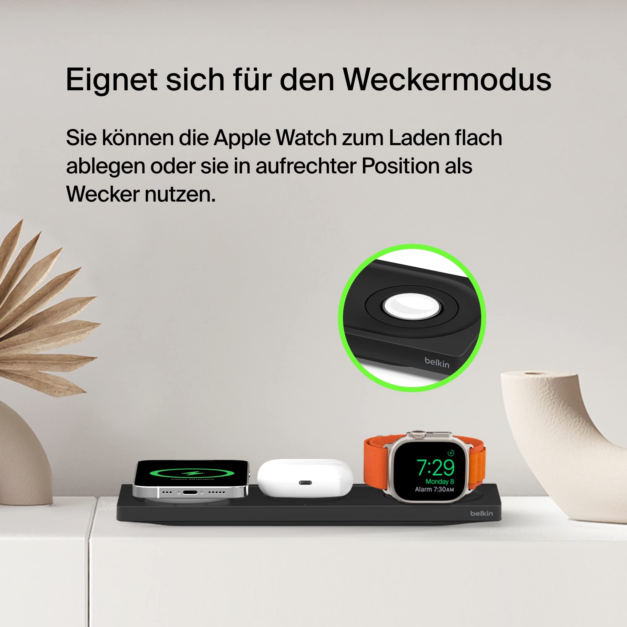 Belkin MagSafe drahtloses 3-in-1-Ladegerät, MFi-zertifiziertes Ladepad, MagSafe Ladestation für die iPhone 16, iPhone 15, 14, 13 und 12-Serie, Apple Watch 10/9/8/7/Ultra und älter, AirPods 3, 2, Pro