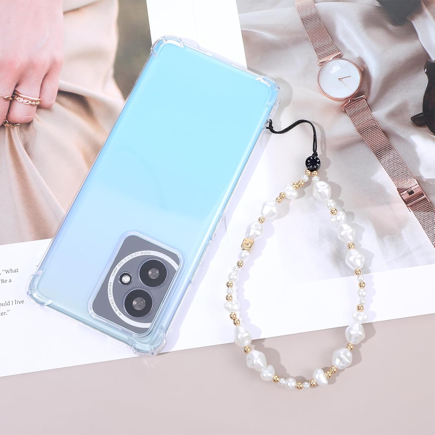 1 Pc Pearl Phone Charm, Beaded Phone Lanyard Kawaii Handmade Acrylic Wrist Strap For Phones Camera Keychain, Gold And White Pearls