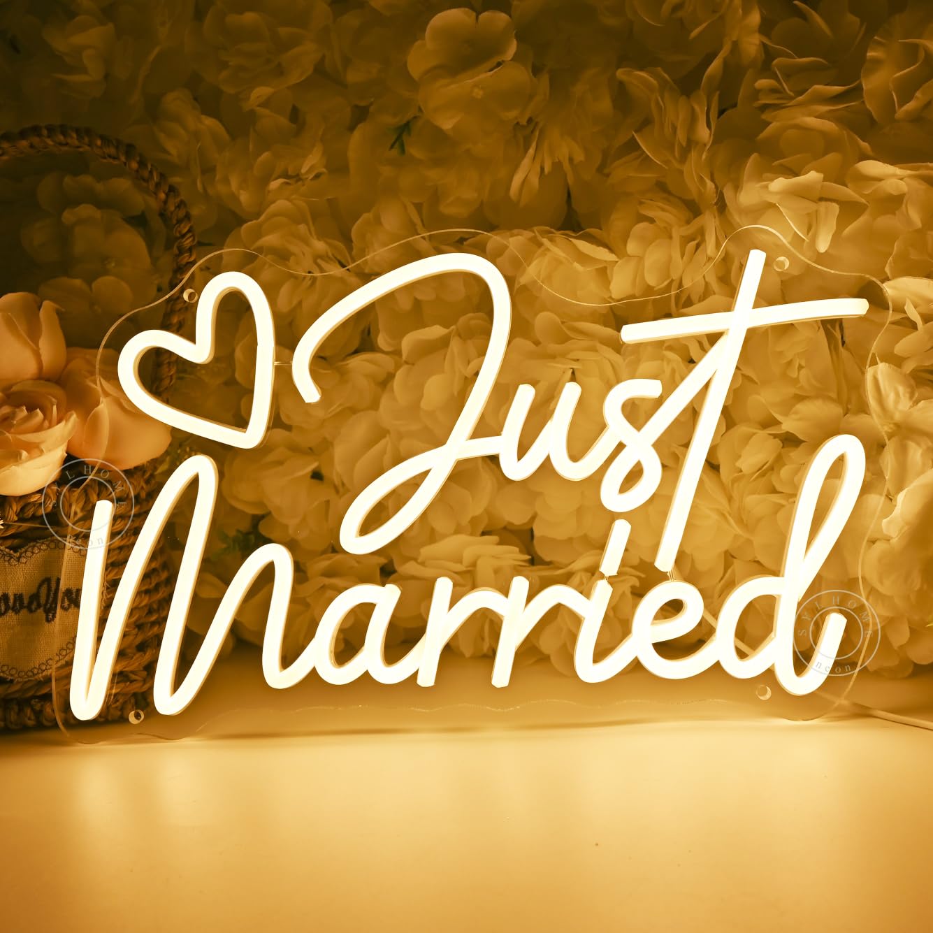 SYLHOME Just Married LED-Neon-Lichtschild, Herz, Hochzeit, Brautparty, Hintergrund, Schlafzimmer, Wandschild, Dekoration, Verlobung, Antrag, Party, beleuchtetes Schild, Geschenke, 40 x 23,5 cm, USB