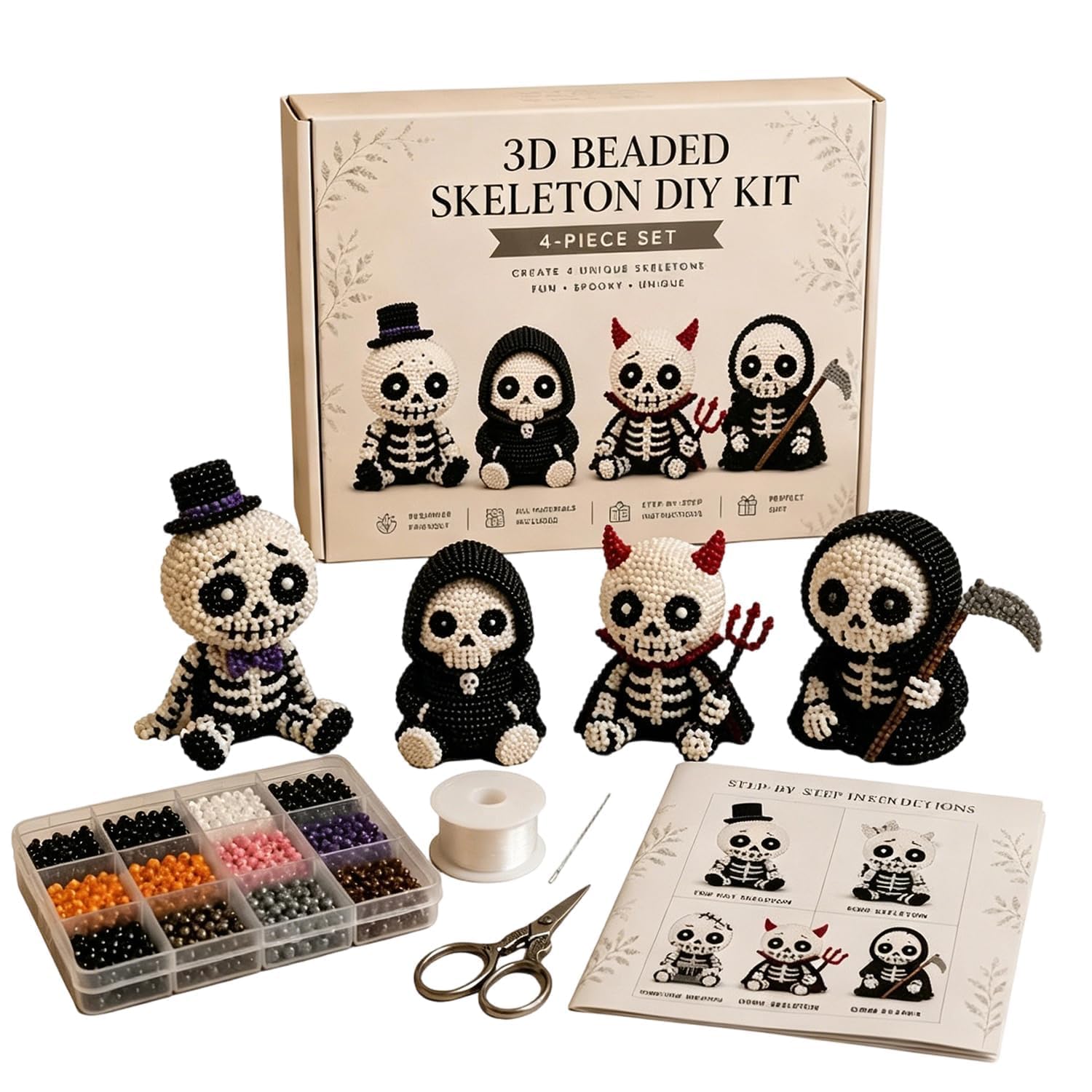 3D Beaded Skeleton DIY Kit, Petite Halloween 3D Beaded Skull Skeleton Craft Kit and Instructions, Tiny Beading World 3D DIY Collection, Cute 4-Pack DIY Skeletons Beading Set (Style B)