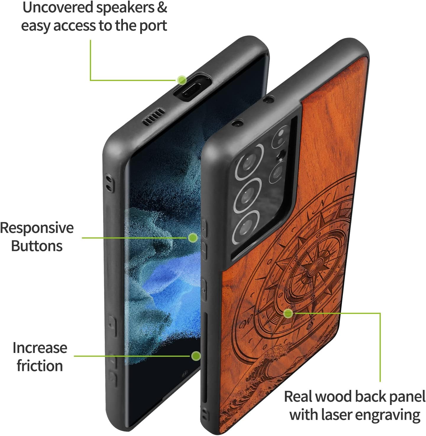 Carveit Wood Case for Galaxy S21 Ultra Case [Natural Wood & Soft TPU] Shockproof Hybrid Protective Unique Wooden Cover Compatible with Samsung S21 Ultra 5G (Compass & Waves-Rosy)