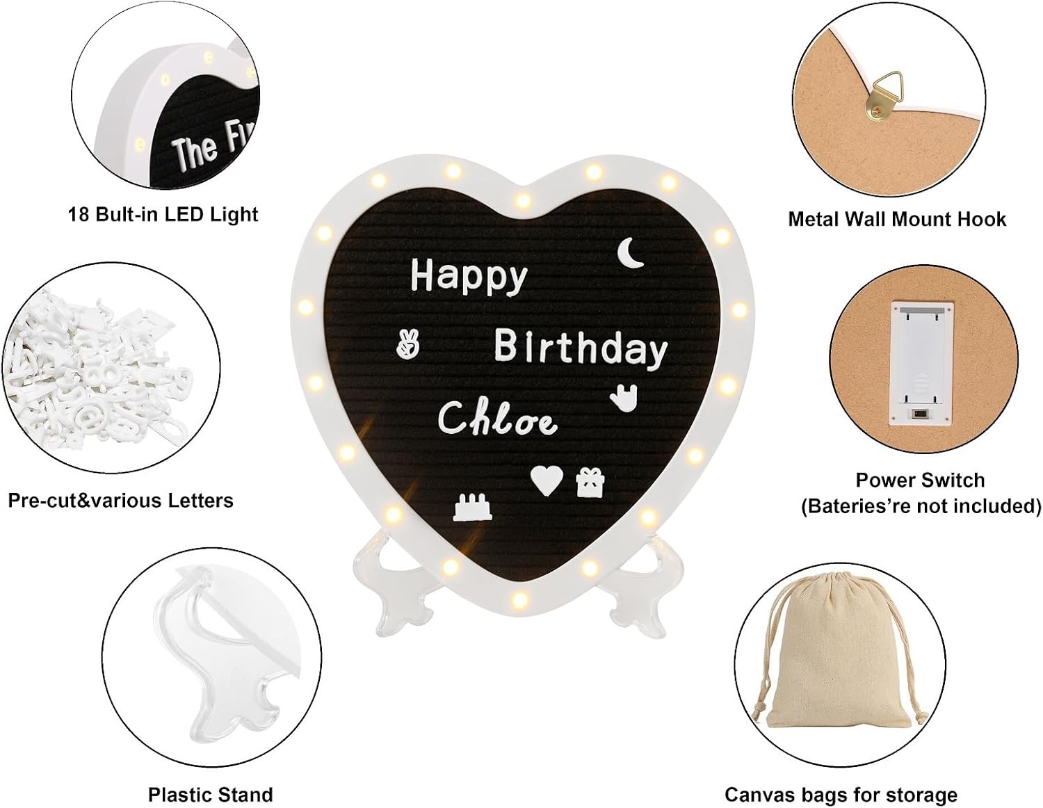 Heart-Shaped Felt Letter Board with Built-in LED Lights,10x10 Light-up Message Board with 663 Pre-Cut Letters,Cursive letters for Valentine’s Day Birthday Party,Pregnancy Announcement,Wedding