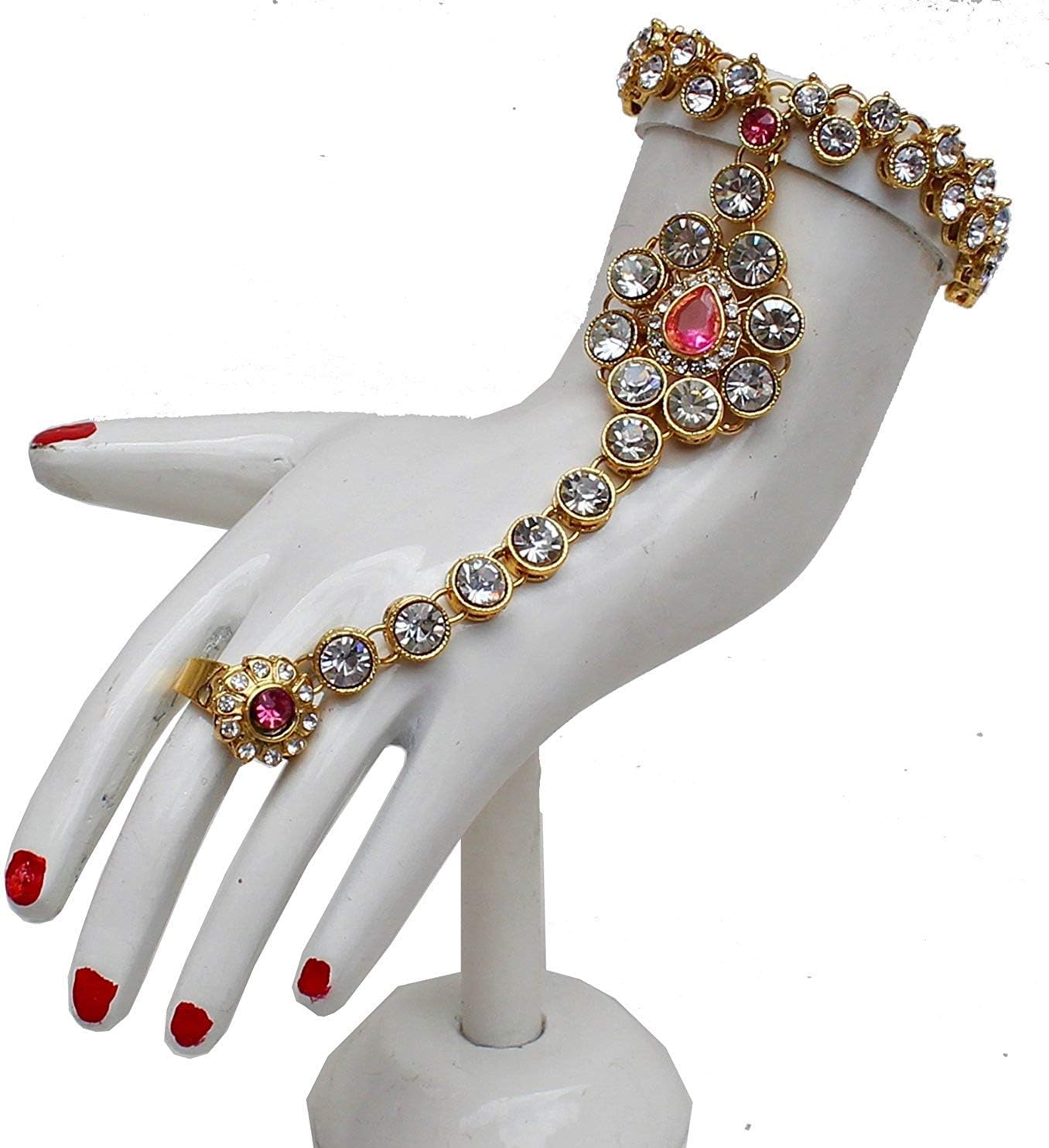 I Jewels Indian Wedding Traditional Gold Plated Kundan Ethnic Bridal Jewelry Set with Earrings, Nose Ring, Mathapatti & Haath Panja for Women