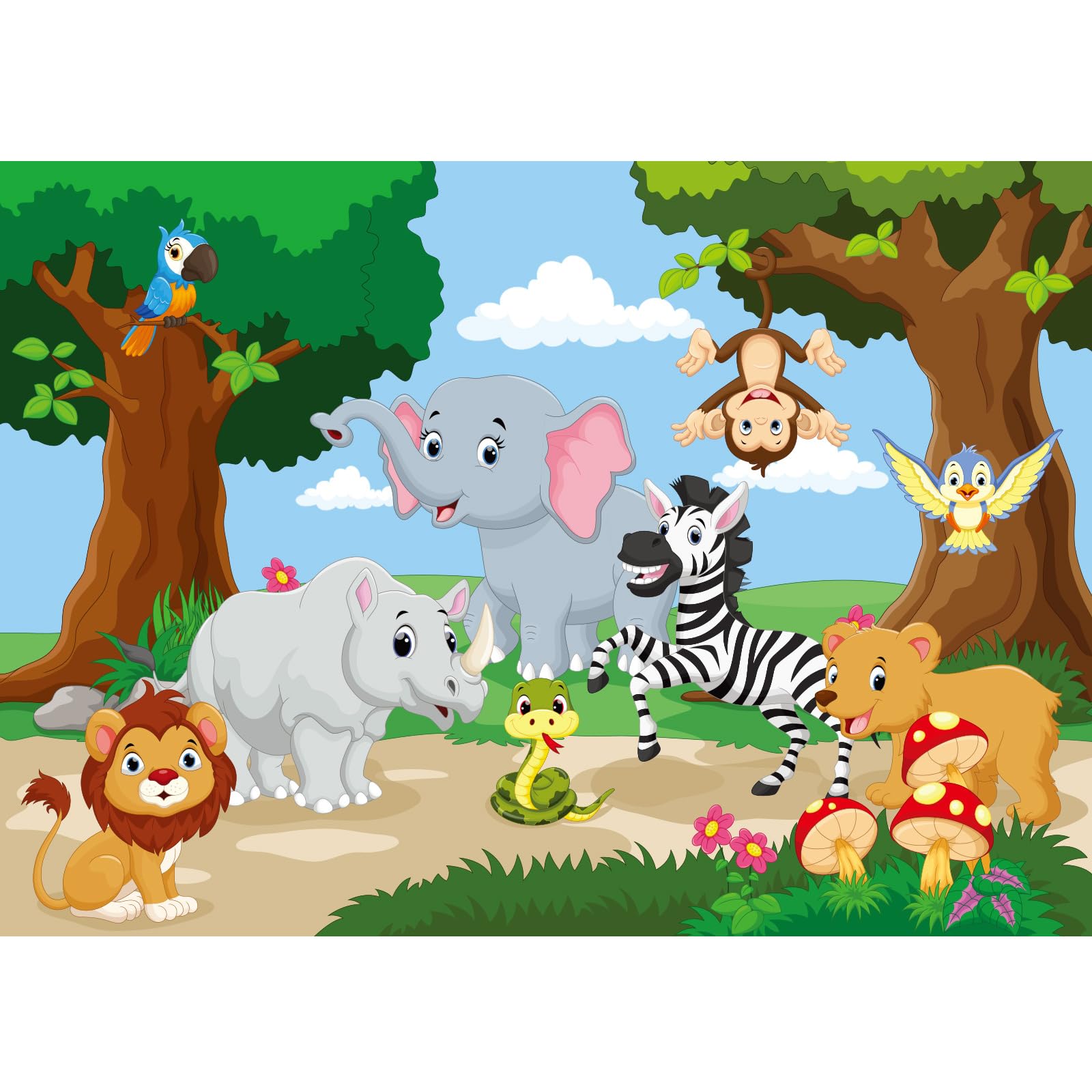 Jungle Animals Backdrop Tropical African Animal Forest Safari Photography Background Cartoon Illustration of Animals Walking in Savanna Backdrops Boy