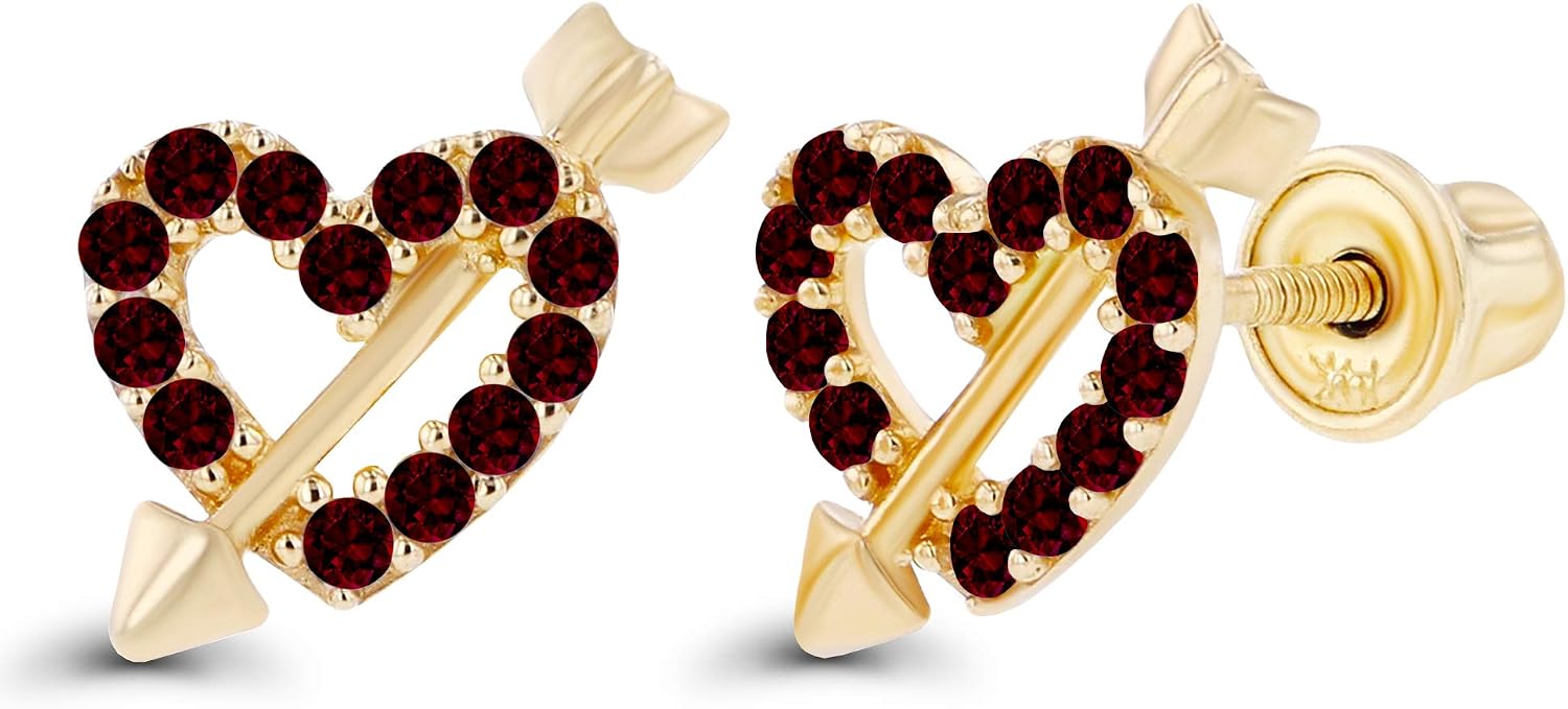 Solid 14K Gold 8mm Cupid Heart Natural 1mm Birthstone Screwback Stud Earrings | 6mm Flower Earrings | 14K Gold Natural or Created Gemstone Screwback Earrings For Women