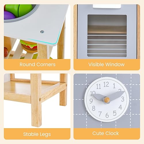 Miniatura 4 de Costzon Juego de cocina para niños, juego de juguetes de cocina de madera con fregadero, grifo, estufa, horno, estante de almacenamiento, accesorios