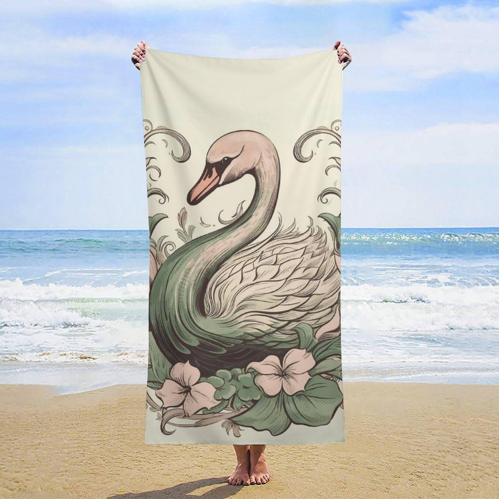 NTVOWPZO Swan on Leaves Beach Towel Oversized Microfiber Bath Towels Lightweight Sand Proof Beach Towels Absorbent Pool Towels for Swimming Yoga Bathroom Towel 31.5" X 63"