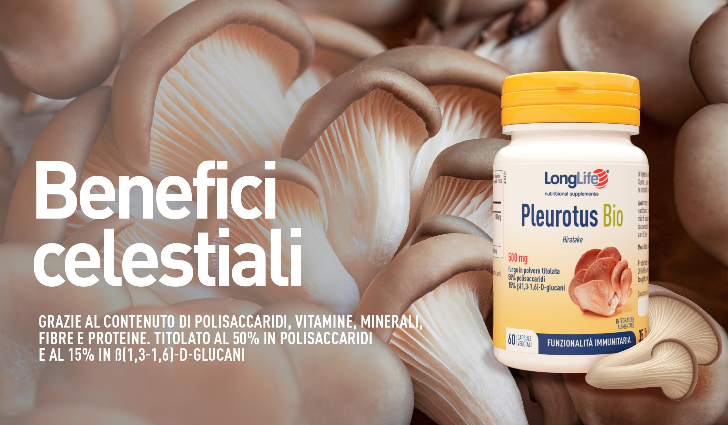 LongLife® Pleurotus Bio | DNA certificato | Titolato al 50% in polisaccaridi e al 15% in β(1,3-1,6)-D-glucani | Difese naturali dell’organismo | 1 mese di trattamento | Vegano e senza glutine
