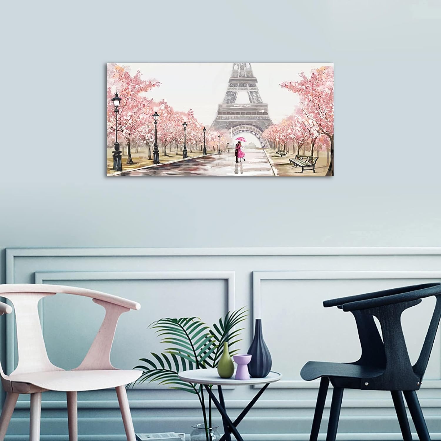 Eiffel Tower Canvas Wall Art - Romantic Paris Street Scene with Cherry Blossoms & Couple, Pink 20x40 Inch, Ready to Hang Framed Print for Living Room Bedroom Decor (Gallery Wrapped)