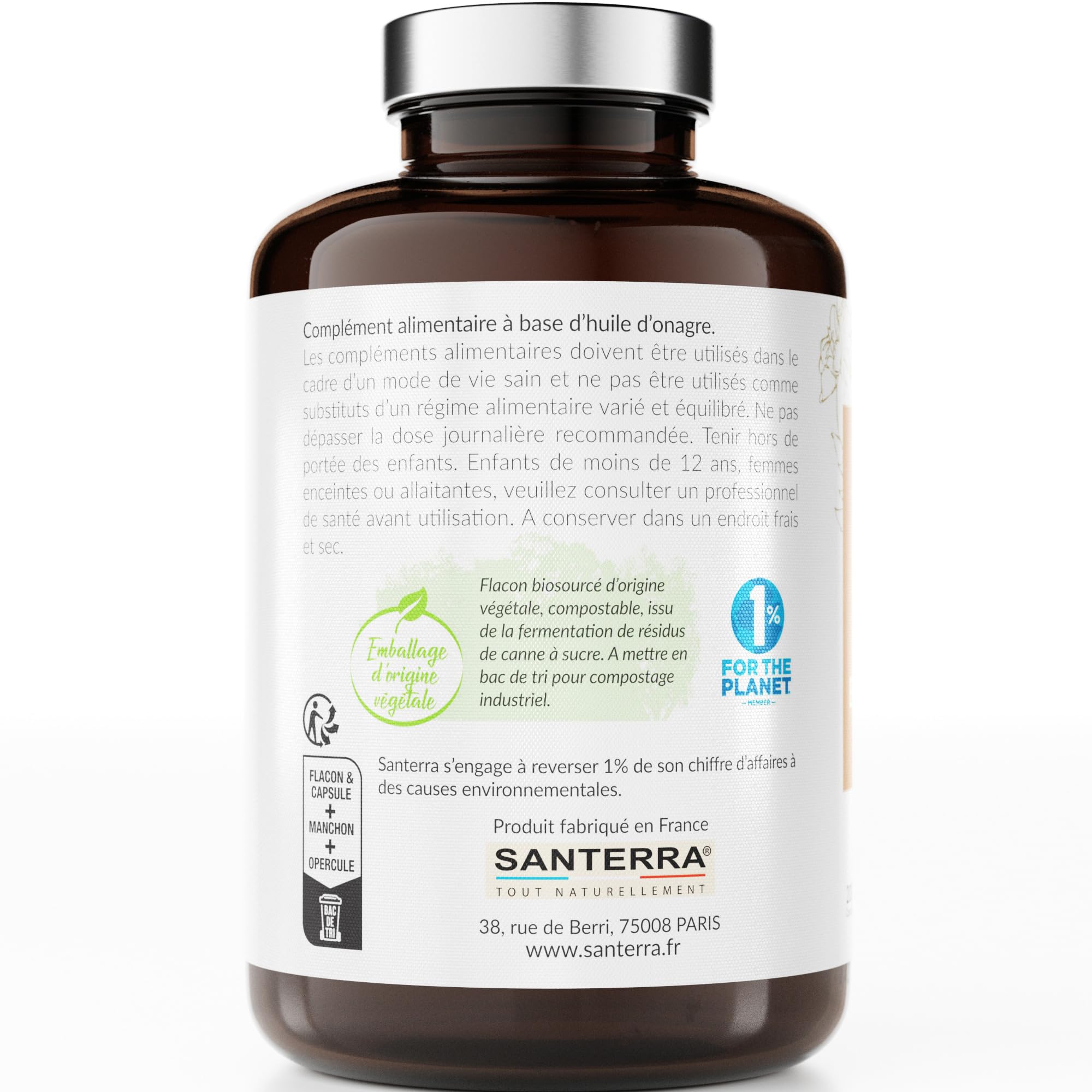 Huile d'Onagre Santerra - 200 Capsules de 500 mg d’Onagre - Pressée à Froid, 100% Naturelle, Sans OGM