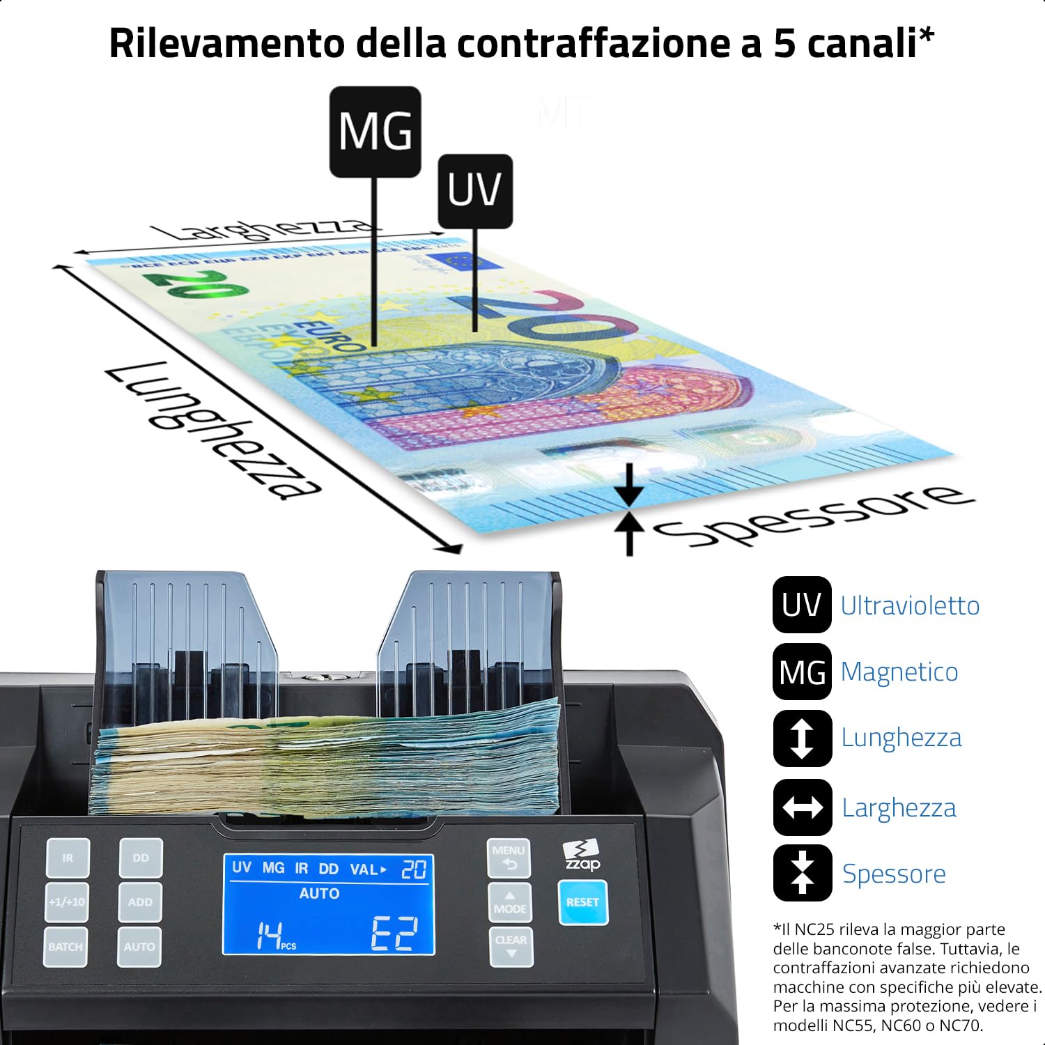 ZZap NC25 Contabanconote e Verificatore di Banconote False - Macchina Conta Contanti