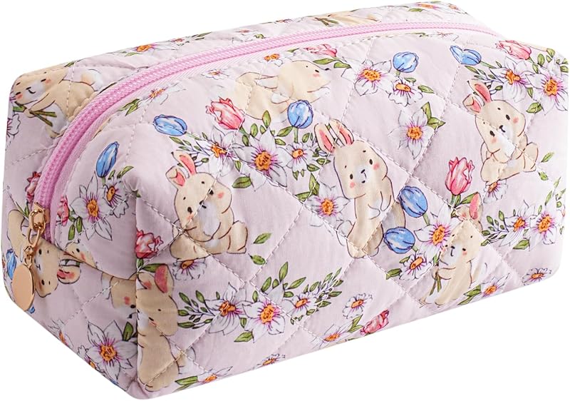 Necessaire de maquiagem acolchoada WHHJM com estampa floral Yellow Rabbit, algodão e zíper