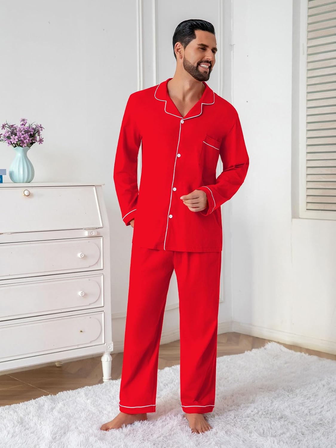 QZH.DUAO Mens Pajama Set 100% Cotton Long Sleeve Button Down PJs